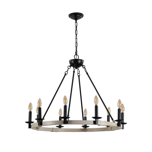 32" Rustic Farmhouse 10-Light Candle Chandelier, Black Metal and Wood Round Hanging Light Fixture for Dining Room, Kitchen, Living Room, Adjustable Height, E12 Bulb Base (No Bulbs)、、eastwooduniform