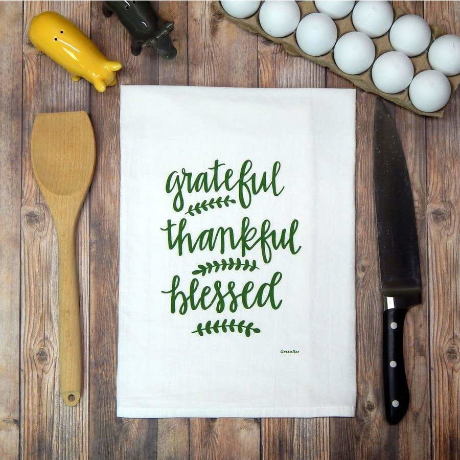 Grateful, Thankful, Blessed Handprinted White Flour Sack Tea Towel with Hanging Loop、mySite、g9winljtr