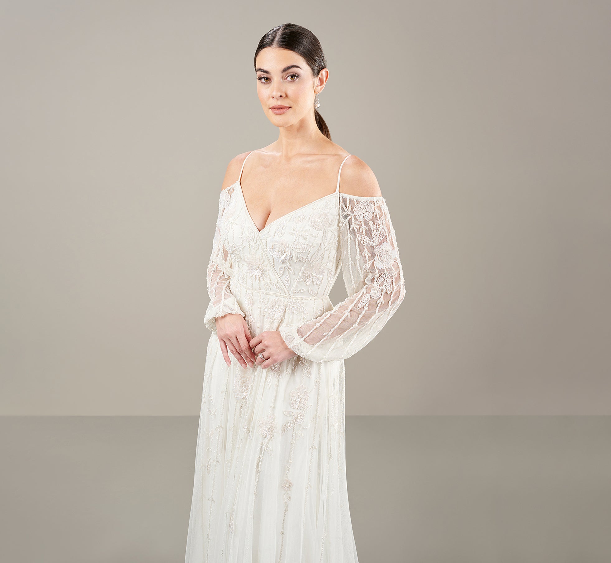 All Over Beaded Cold Shoulder Gown In Ivory、mySite、solidvoid