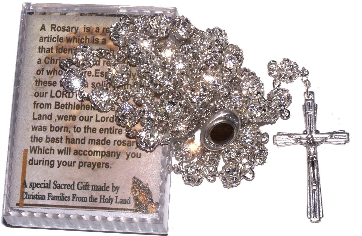 Multi Faceted Crystals Rosary - 8mm Crystal Rosary with Silver Tone Alpaca chain, Holy Land Soil and special Crucifix (White)、mySite、topwebapps