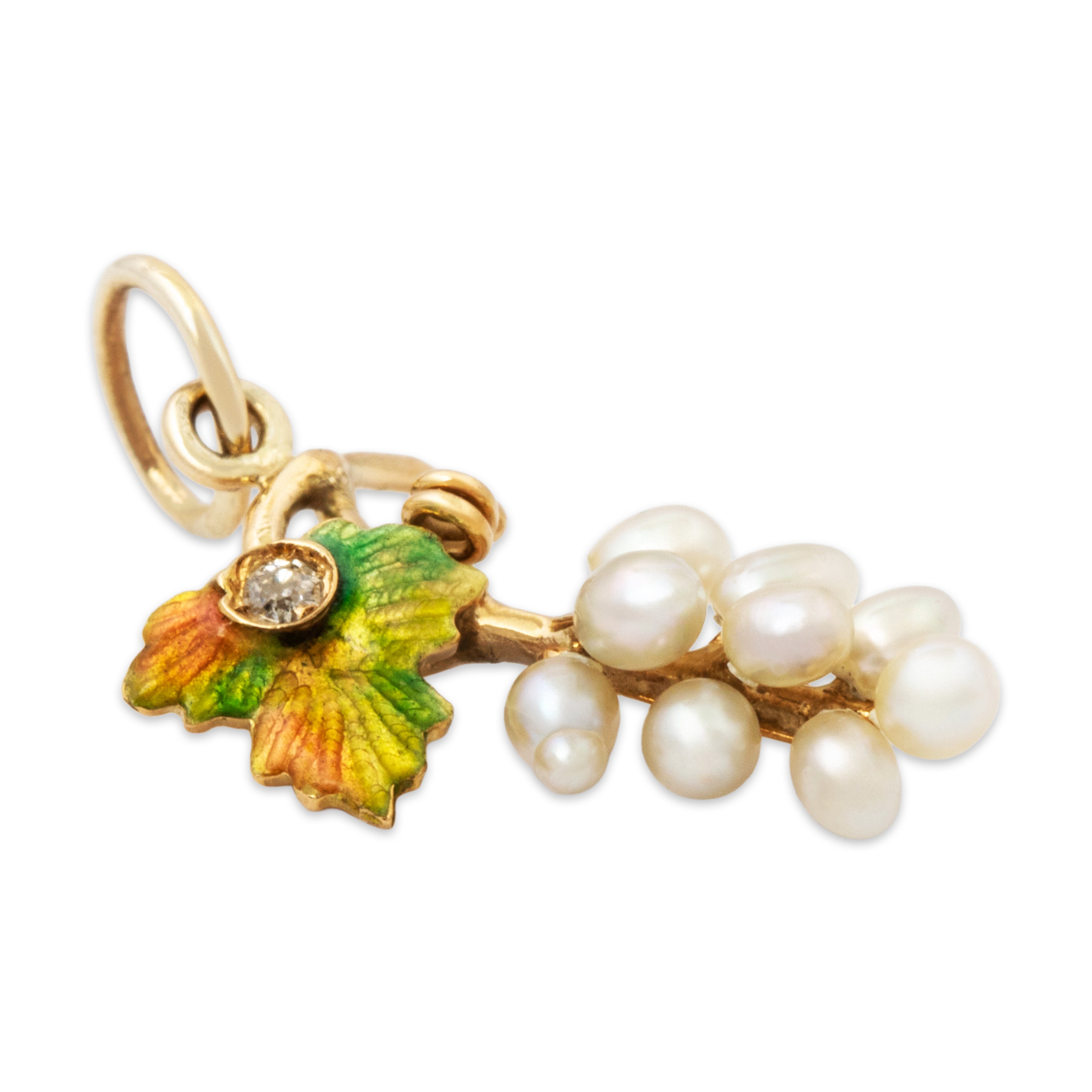 Antique 18k Yellow Gold Pearl Diamond Enamel Leafy Grape Cluster Charm / Pendant、mySite、hinf8tx79