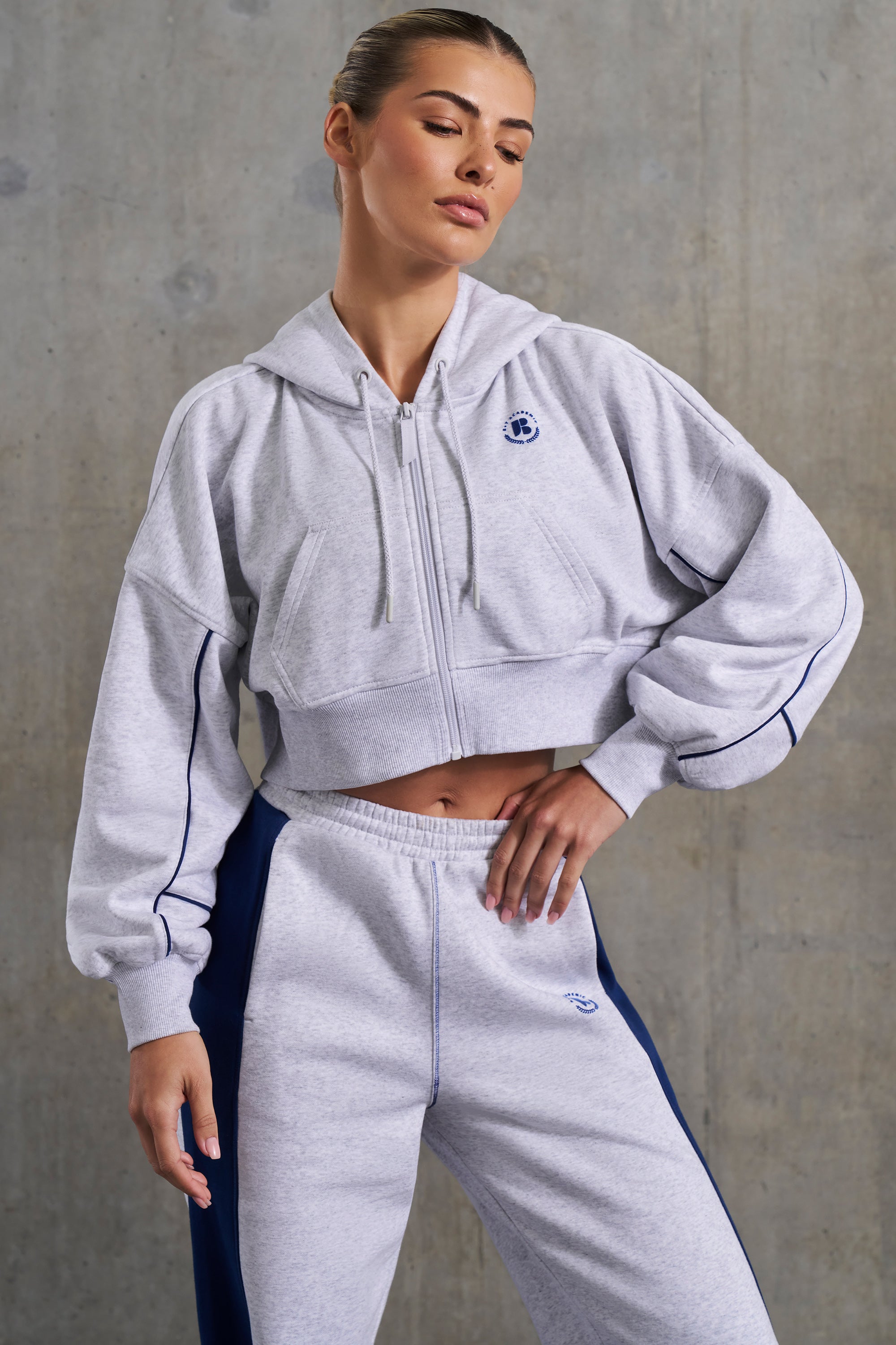 Waffle Lined Cropped Zip Up Hooded Jacket in Heather Grey、mySite、solidvoid