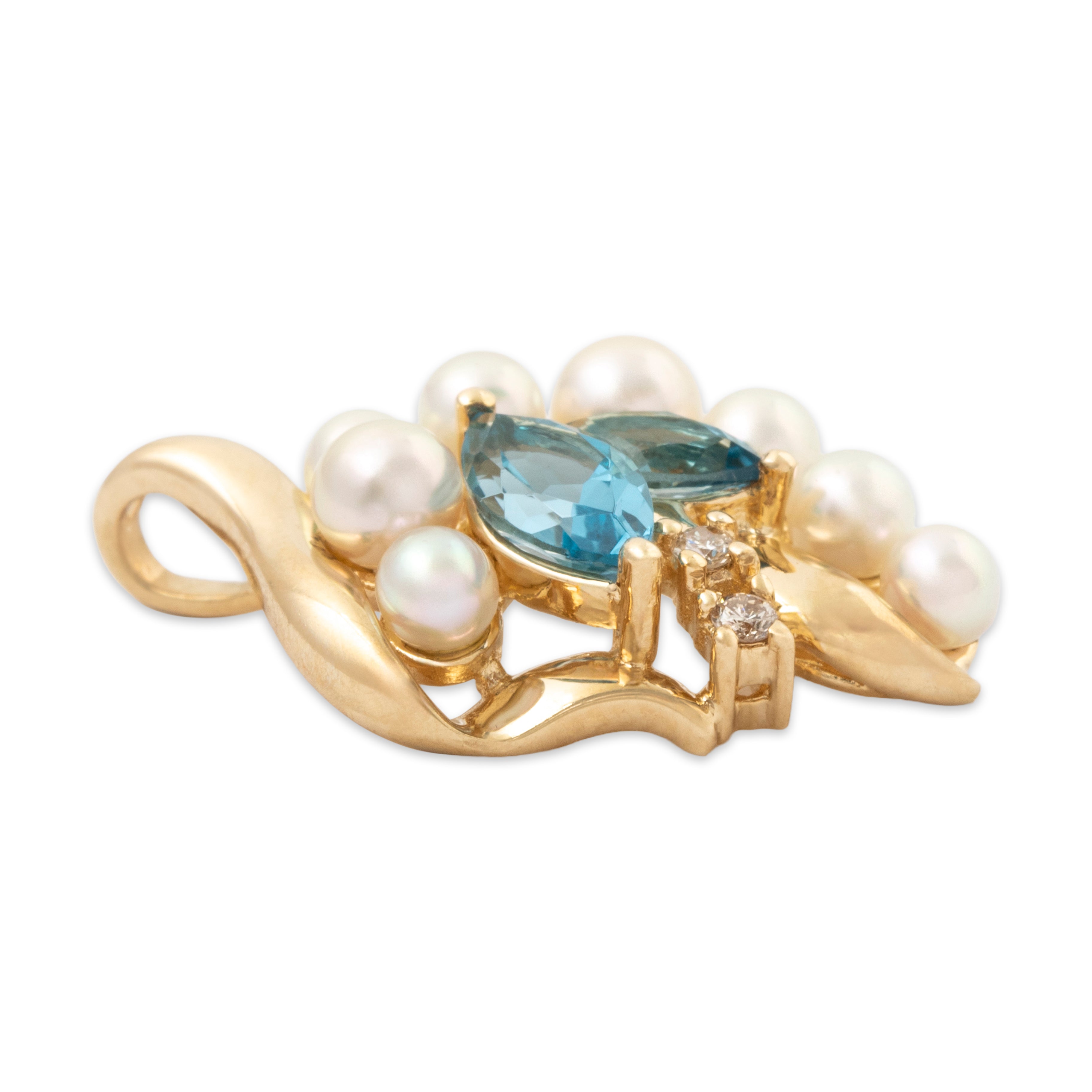 Vintage 14k Yellow Gold Blue Topaz Pearl Diamond Foliate Cluster Pendant、mySite、hinf8tx79