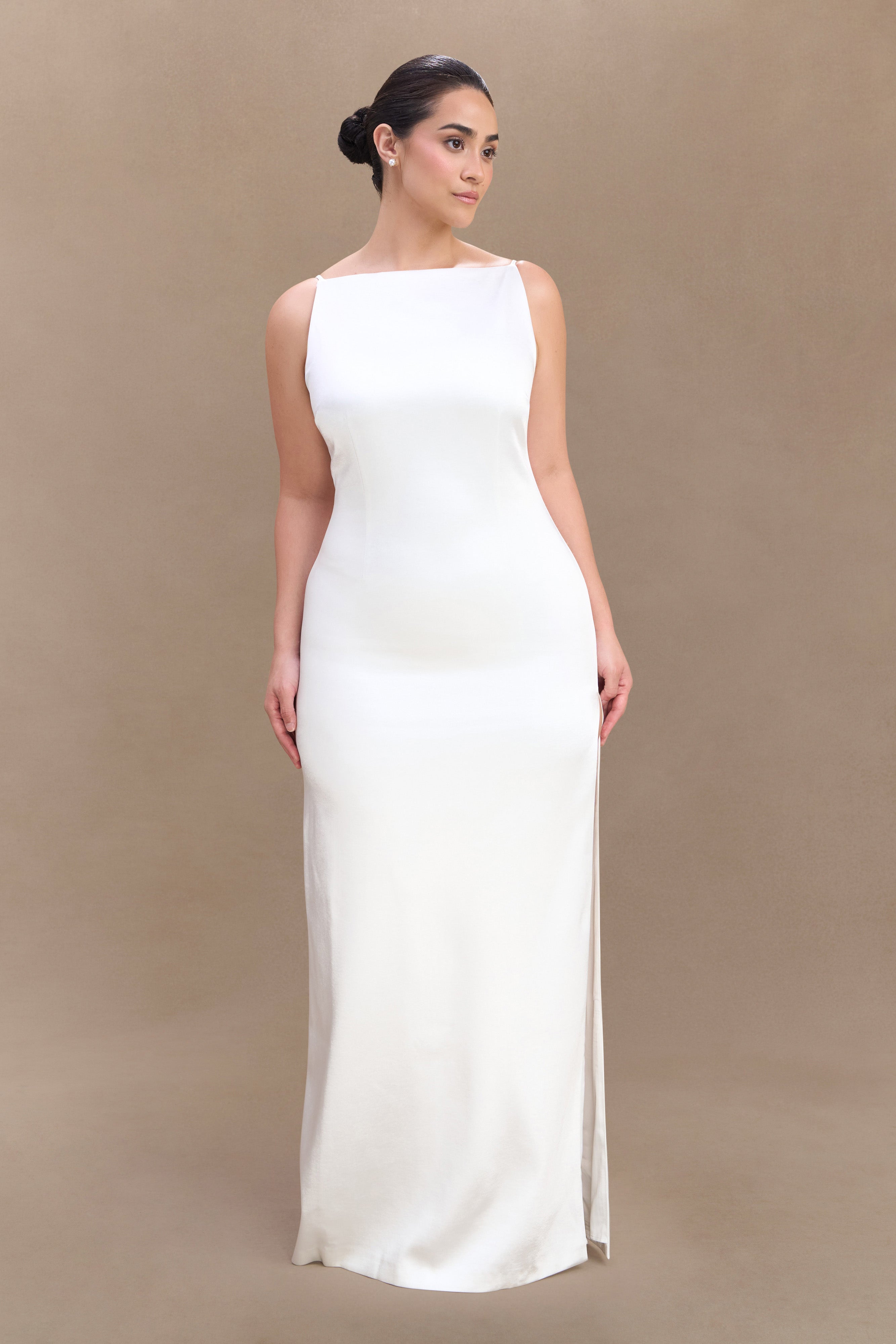 Violet Sleeveless Satin Maxi Dress - White、mySite、solidvoid