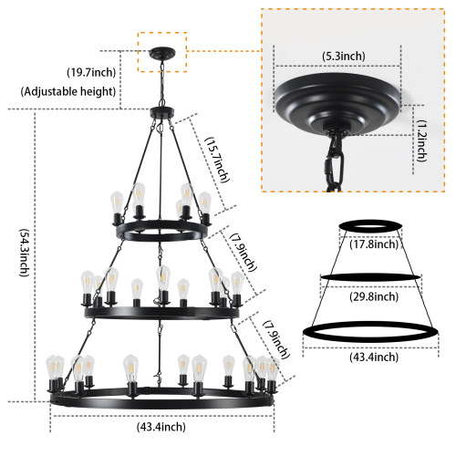(Same as:W1340119961/W1340P206660/L001005-D1140-P27B)45" Retro Industrial Style 3-Layer Pendant Light, 27-Lights Black Farmhouse Pendant, Suitable for Dining Rooms, Living Rooms (Bulb Not Included)、、eastwooduniform