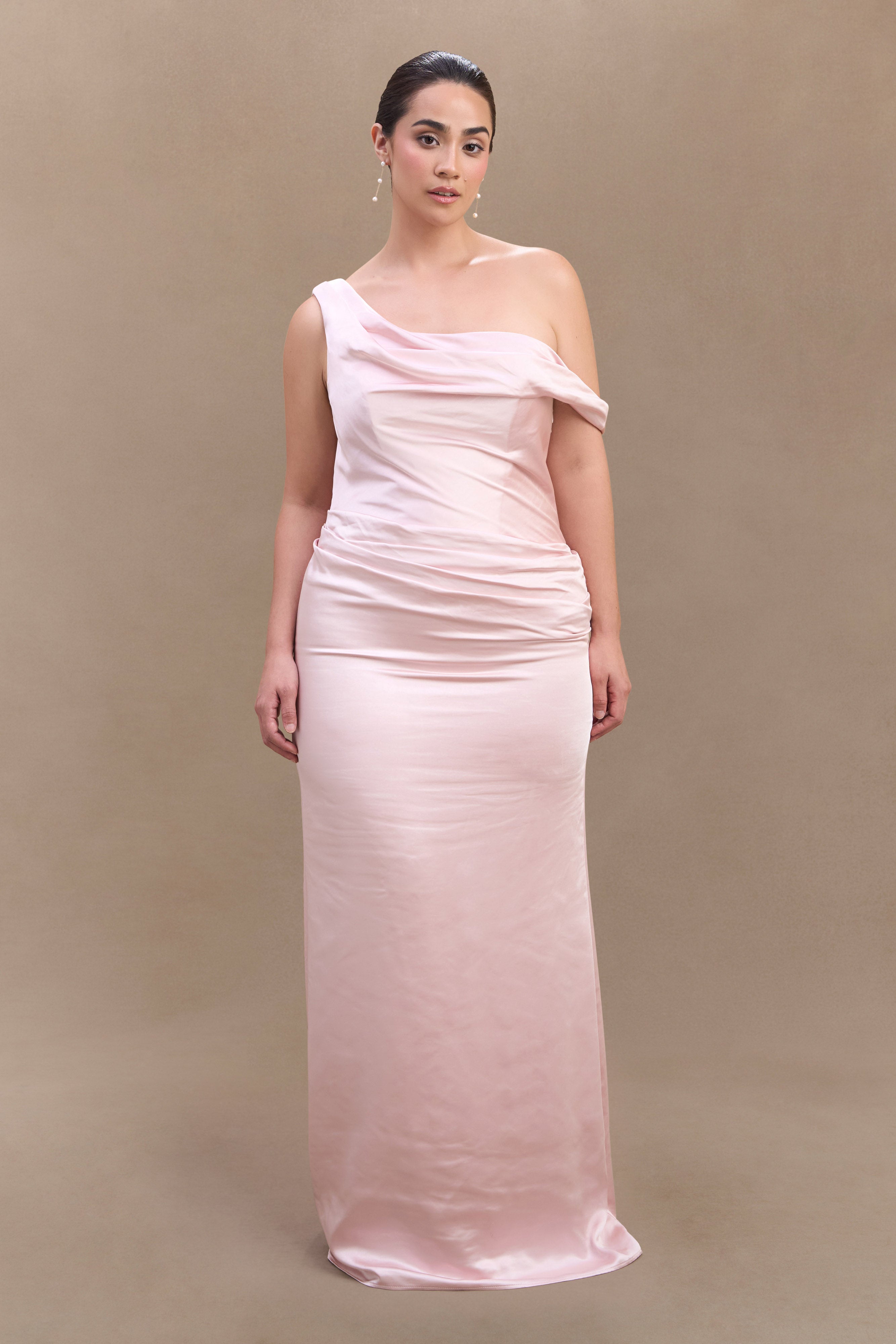 Dalia Off Shoulder Satin Maxi Dress - Soft Pink、mySite、solidvoid
