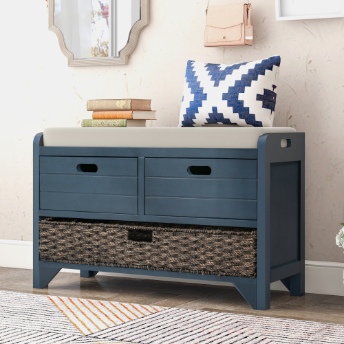 TREXM Storage Bench with Removable Basket and 2 Drawers, Fully Assembled Shoe Bench with Removable Cushion (Navy)、、casual