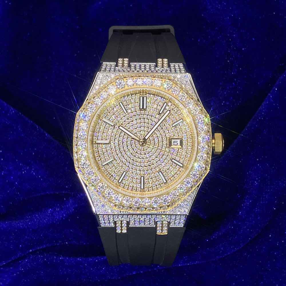 Moissanite Iced Out Silicone Band Watch | 13.5CT | 14K Yellow Gold、mySite、hinf8tx79