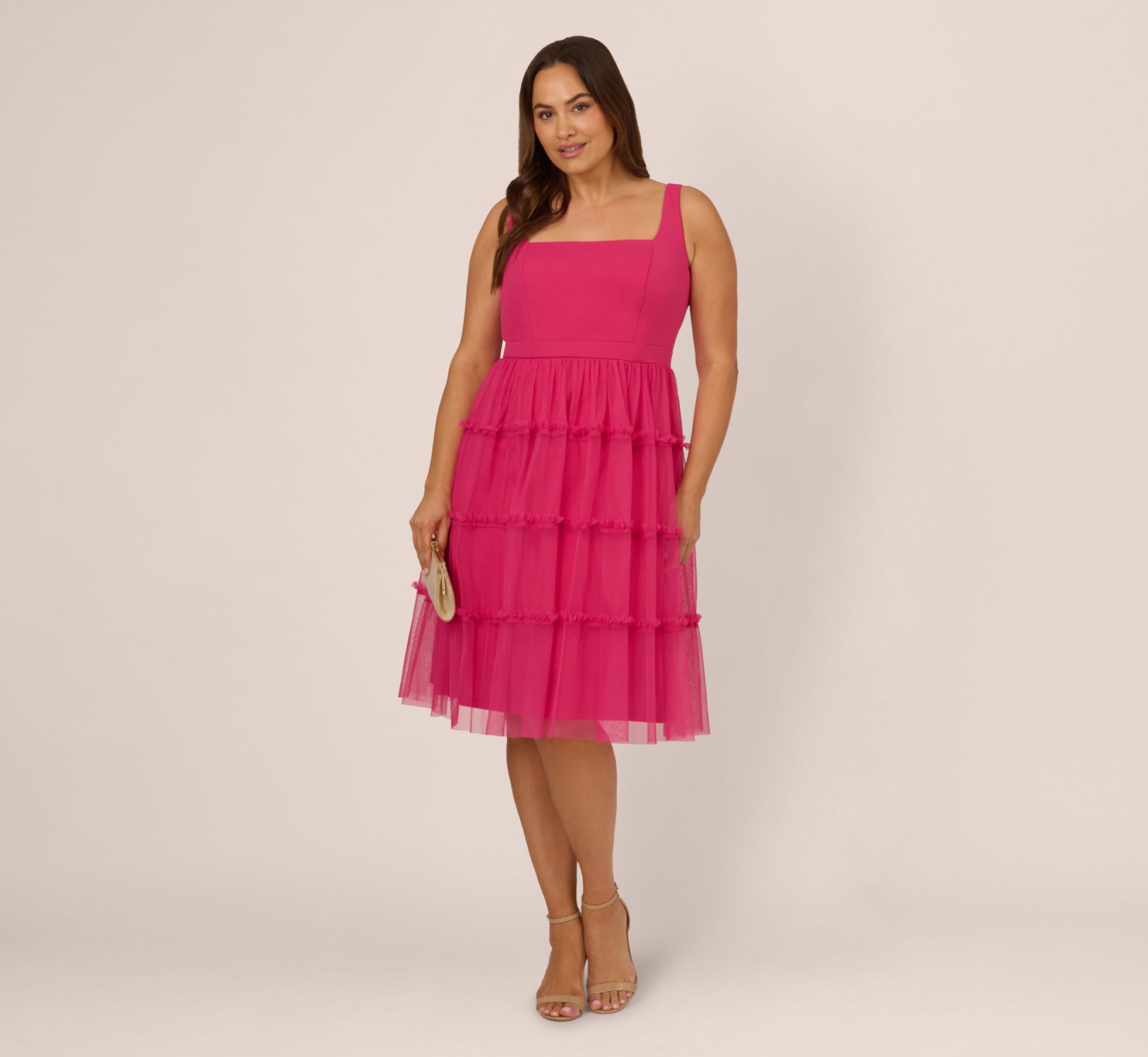 Plus Size Sleeveless Midi Dress With Square Neck And Tiered Skirt In Bright Rose、mySite、solidvoid