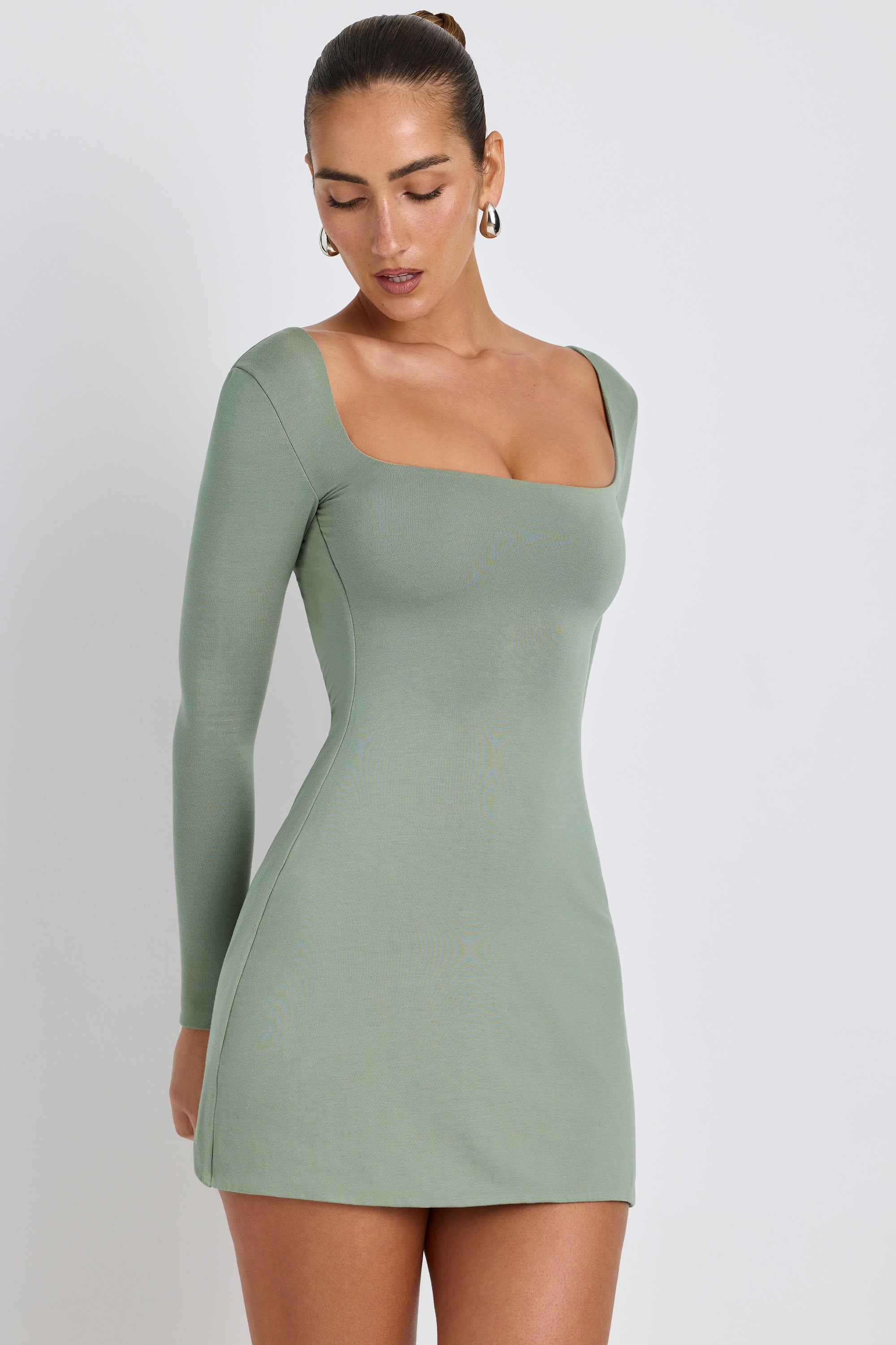 Modal Square Neck Long Sleeve Mini Dress in Sage Green、mySite、solidvoid