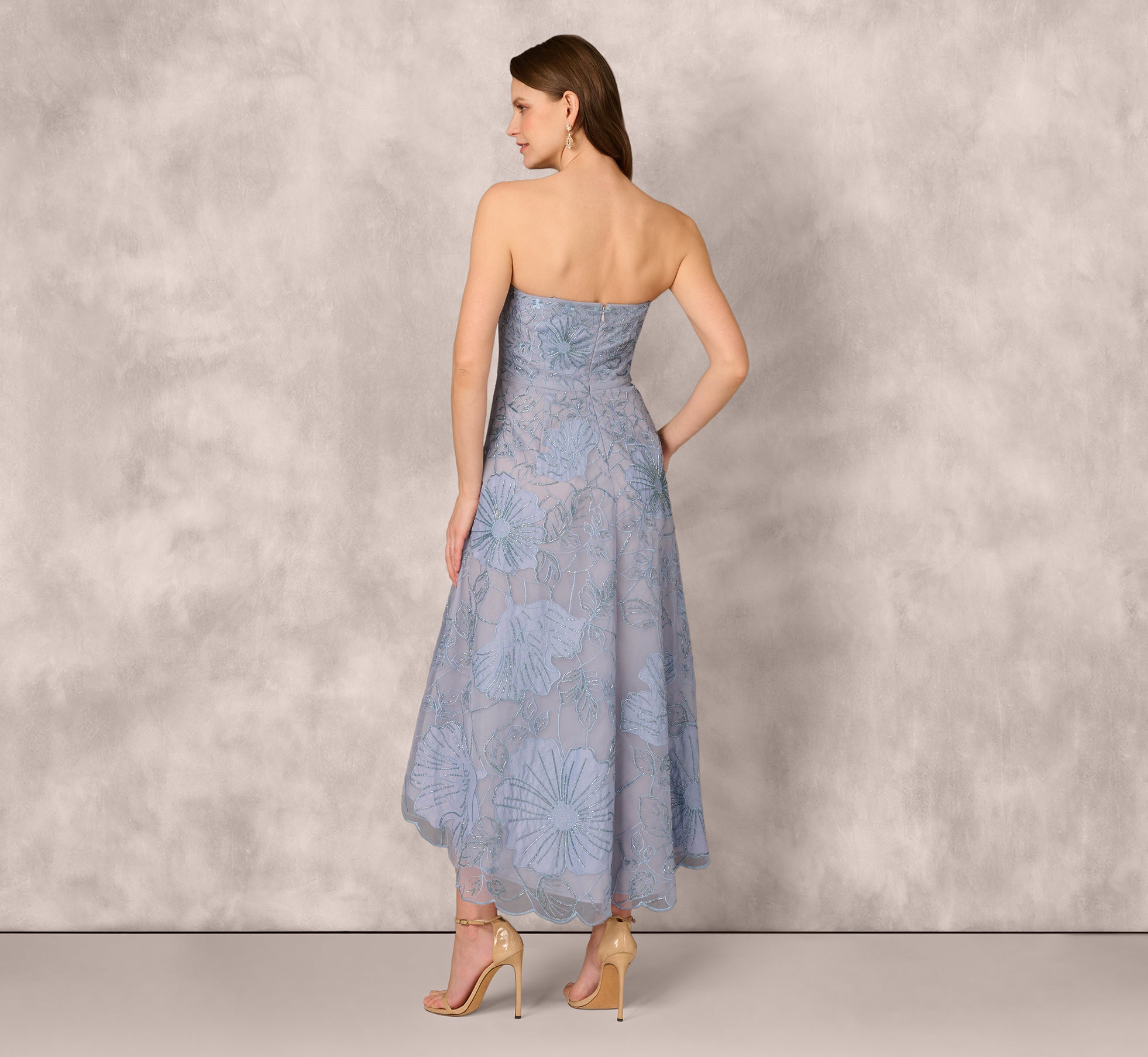 Strapless Floral Embroidered High Low Midi Dress In Blue Cloud、mySite、solidvoid