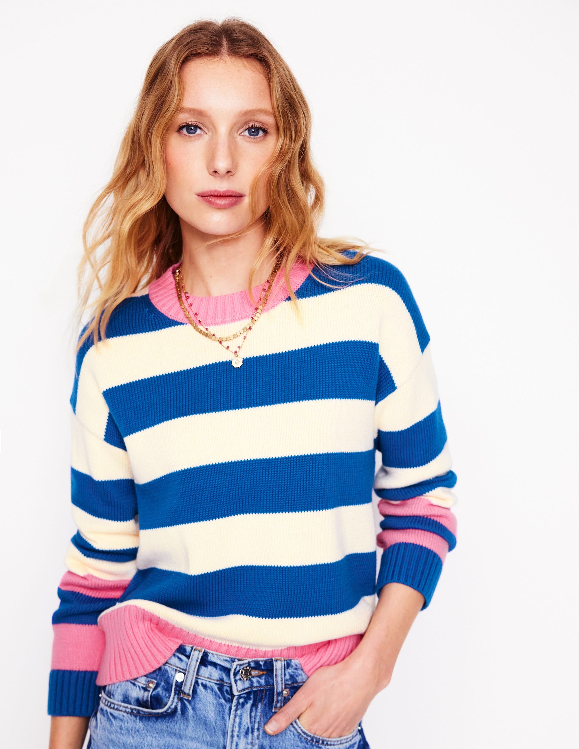  Lucinda Cotton Striped Sweater-Bright Blue, Pink Rose Cuff、mySite、ashleygrahame