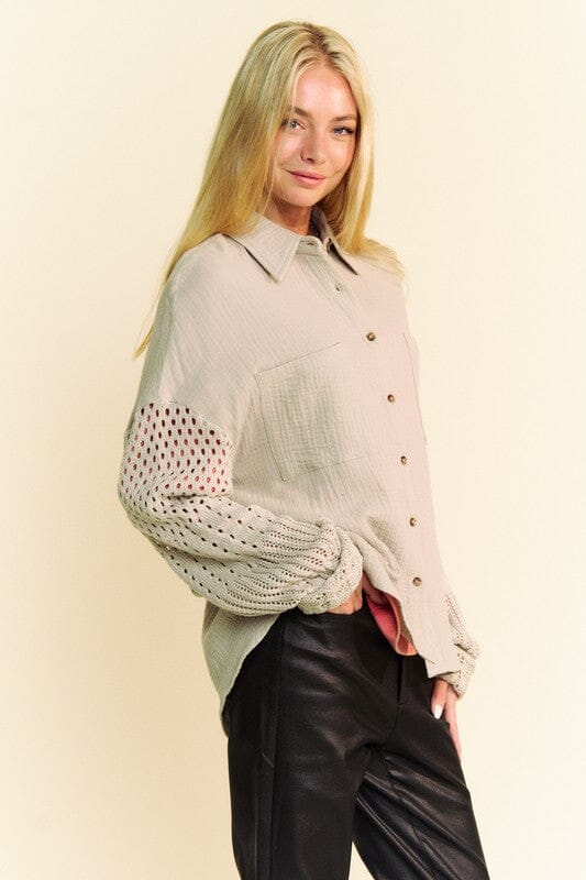 Davi & Dani Crochet Sleeve Crinkled Texture Shirt、mySite、camillekostekn
