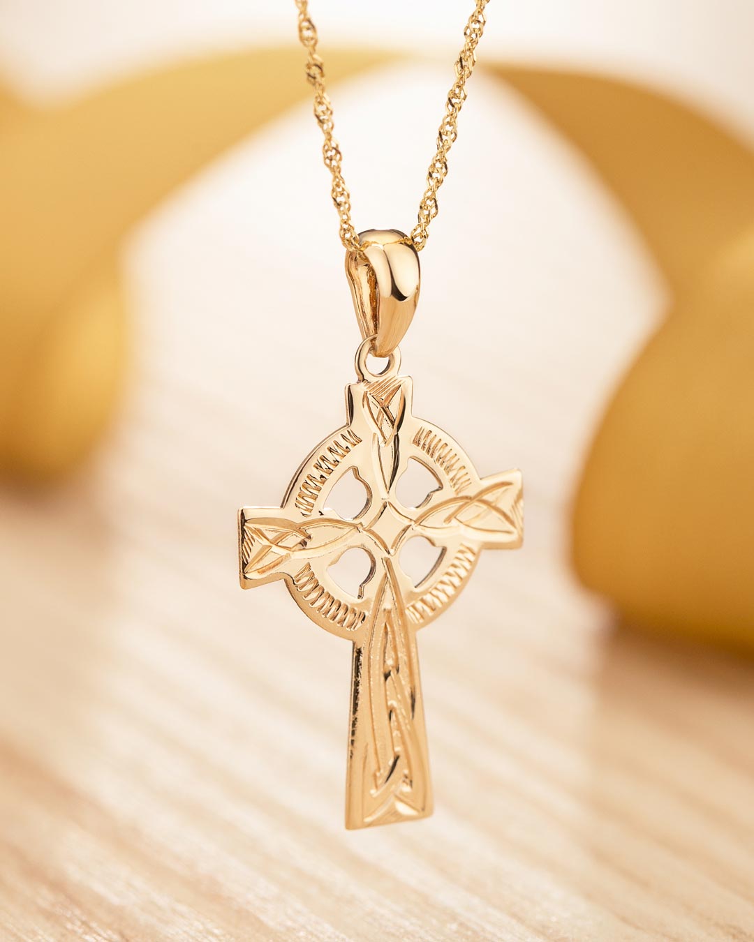  Gold Hand Engraved Celtic Cross Necklace