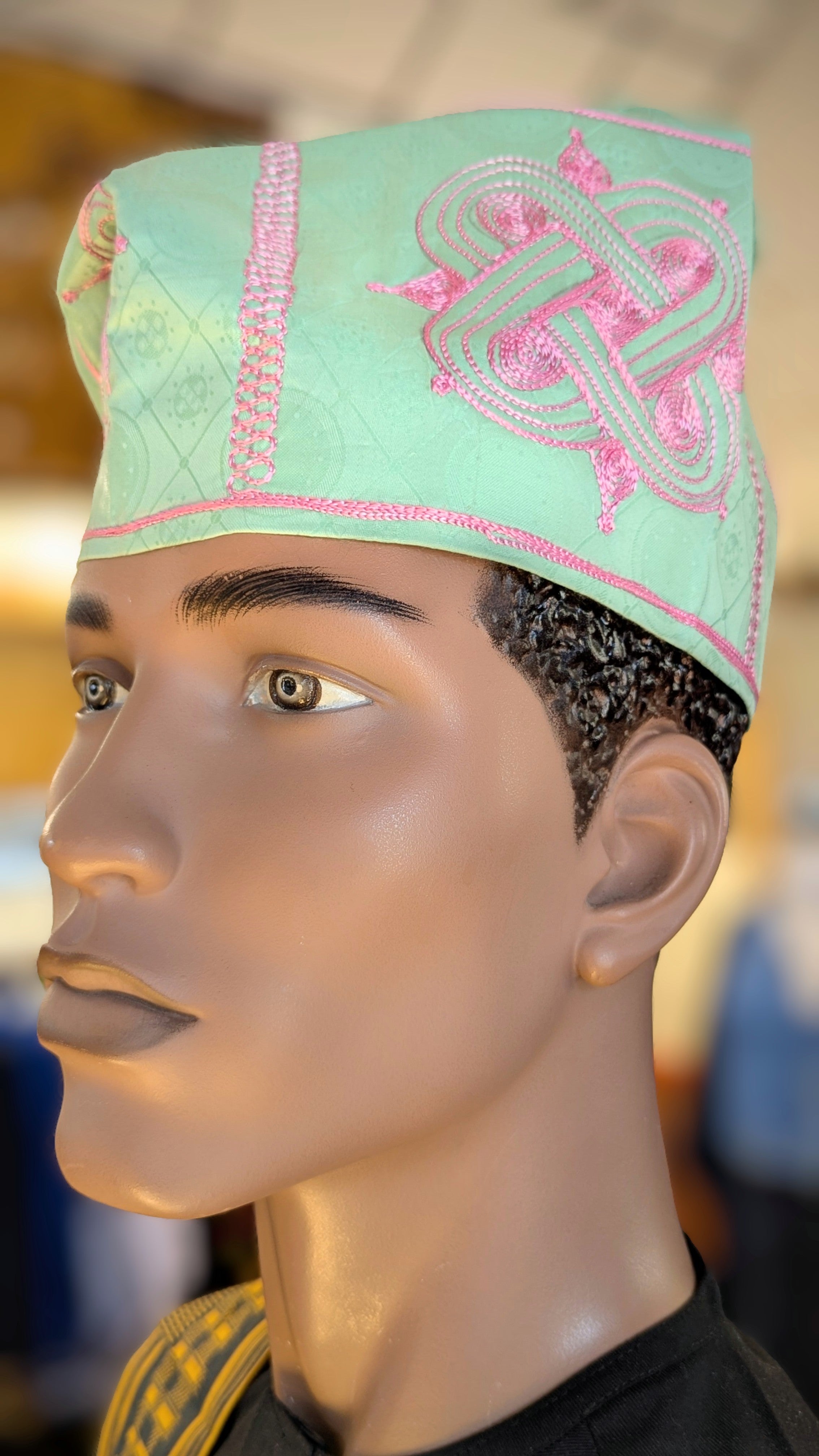 Dupsie's Embroidered Green and Pink Akko Brocade Cap Kufi Hat DPHGPE42、mySite、solidvoid
