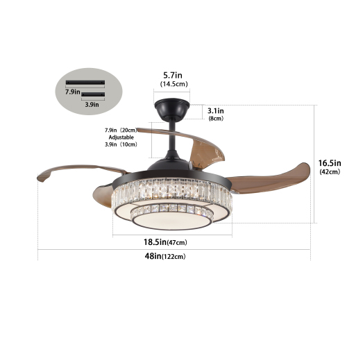 42" Retractable Ceiling Fan with Light, Modern LED Chandelier Fan with Remote Control, 6 Speed Adjustable Blades, Quiet DC Motor, Dimmable Lighting for Living Room, Bedroom, Dining Room、、eastwooduniform