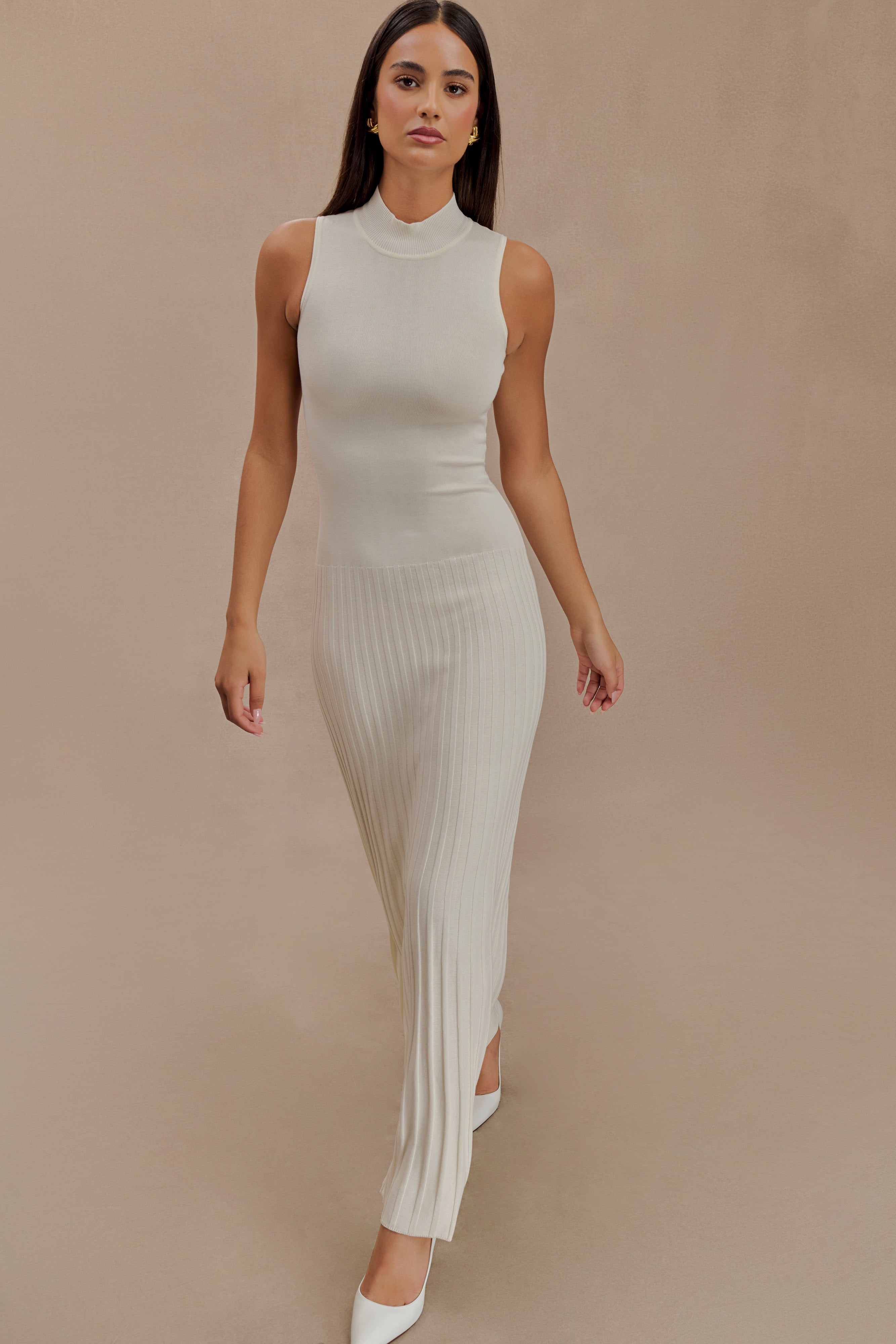 Mavis High Neck Pleated Maxi Dress - Ivory、mySite、solidvoid