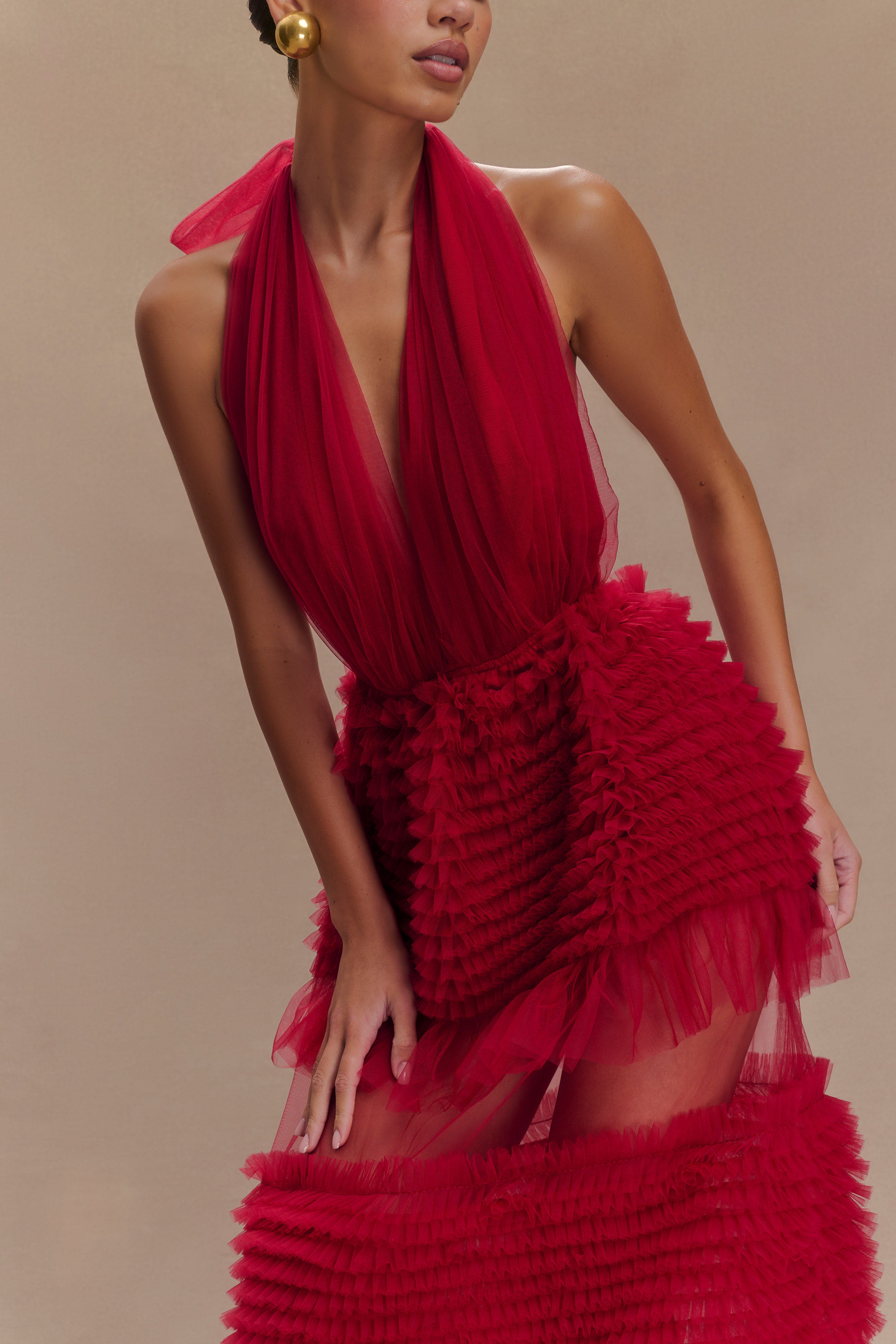 Minka Mesh Ruffle Halter Maxi Dress - Red、mySite、solidvoid