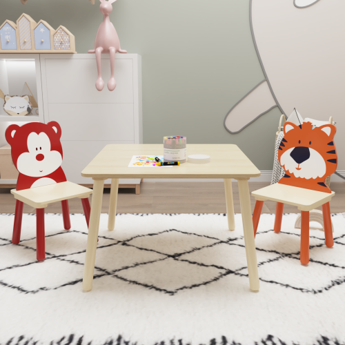 Kids Table and 2 Chairs Set, 3 Pieces Toddler Table and Chair Set, Wooden Activity Play Table Set (Lion&Monkey)、、casual