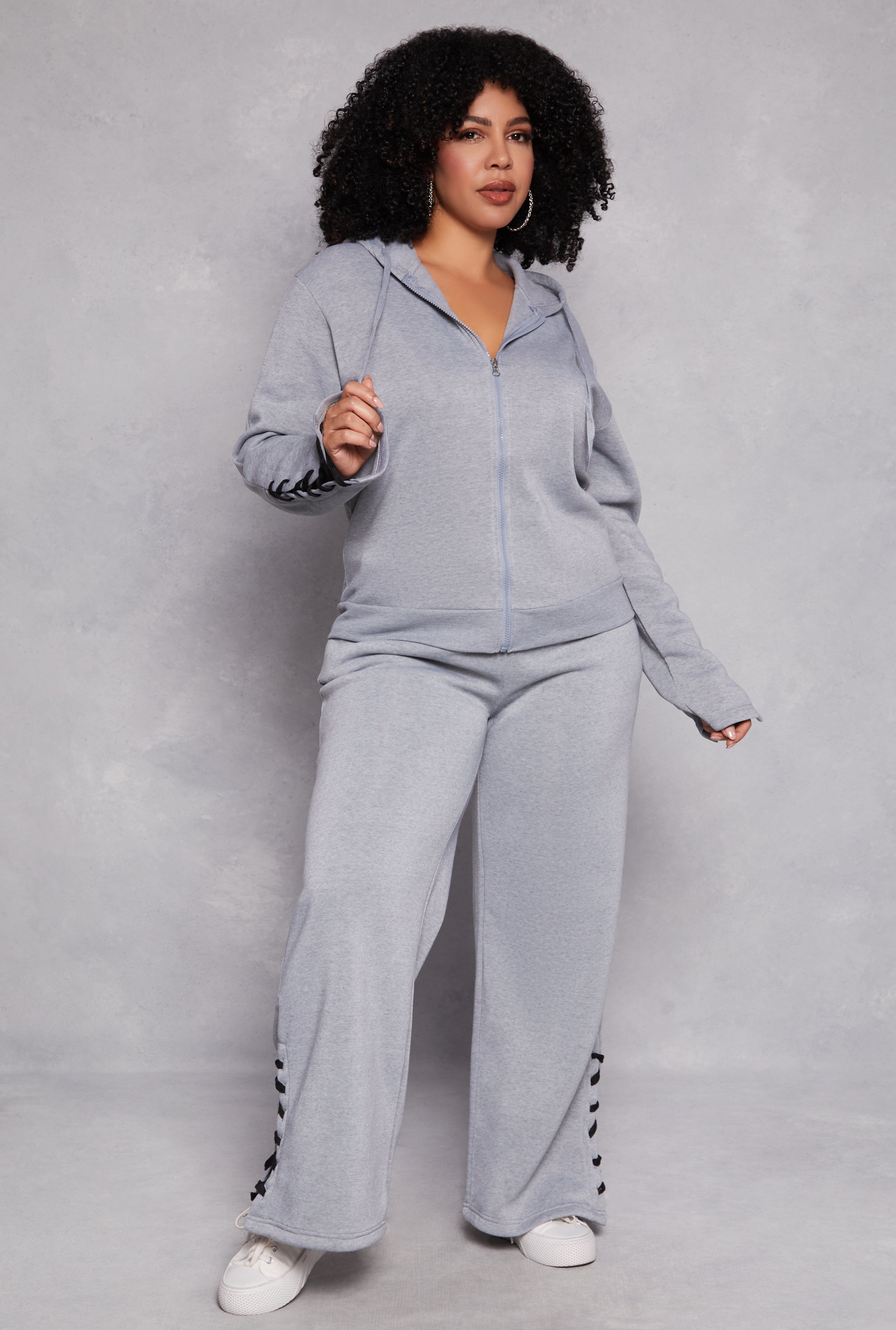 Plus Size Lace Up Sleeve Hooded Sweatshirt、mySite、camillekostekn