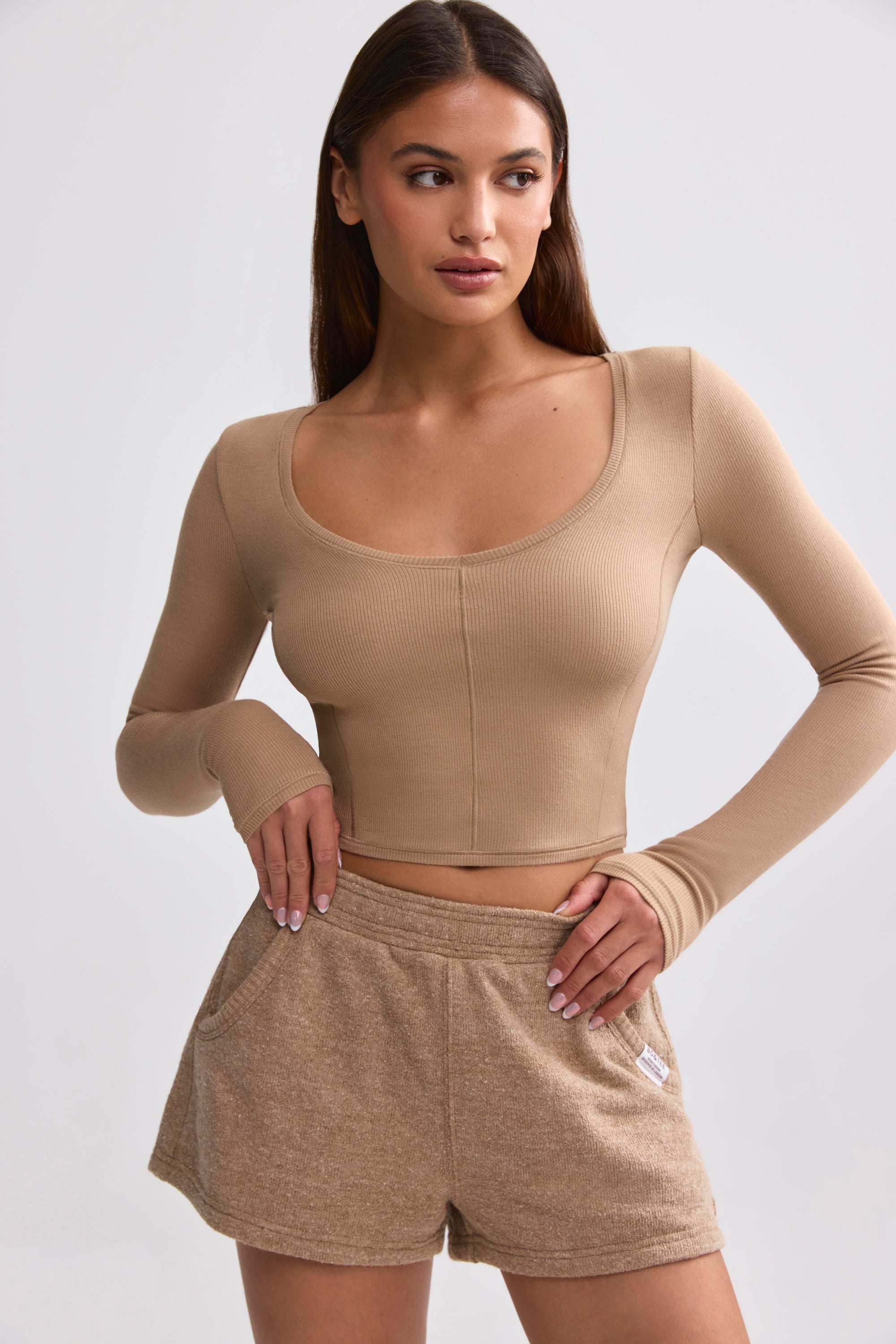 Ribbed Modal V-Neck Crop Top in Mocha Brown、mySite、solidvoid