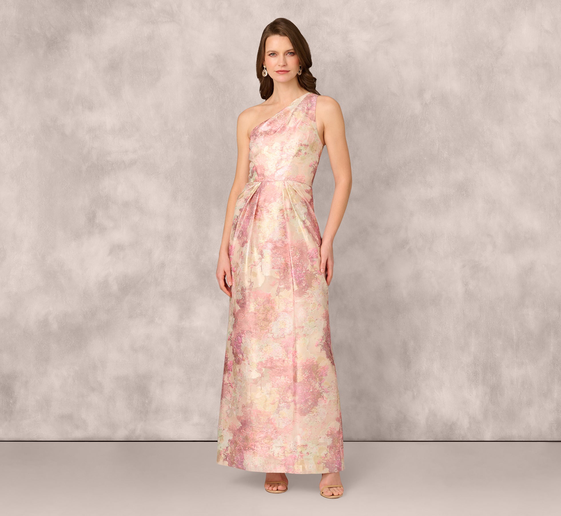 One Shoulder Pleated Jacquard Column Gown In Pink Multi、mySite、solidvoid