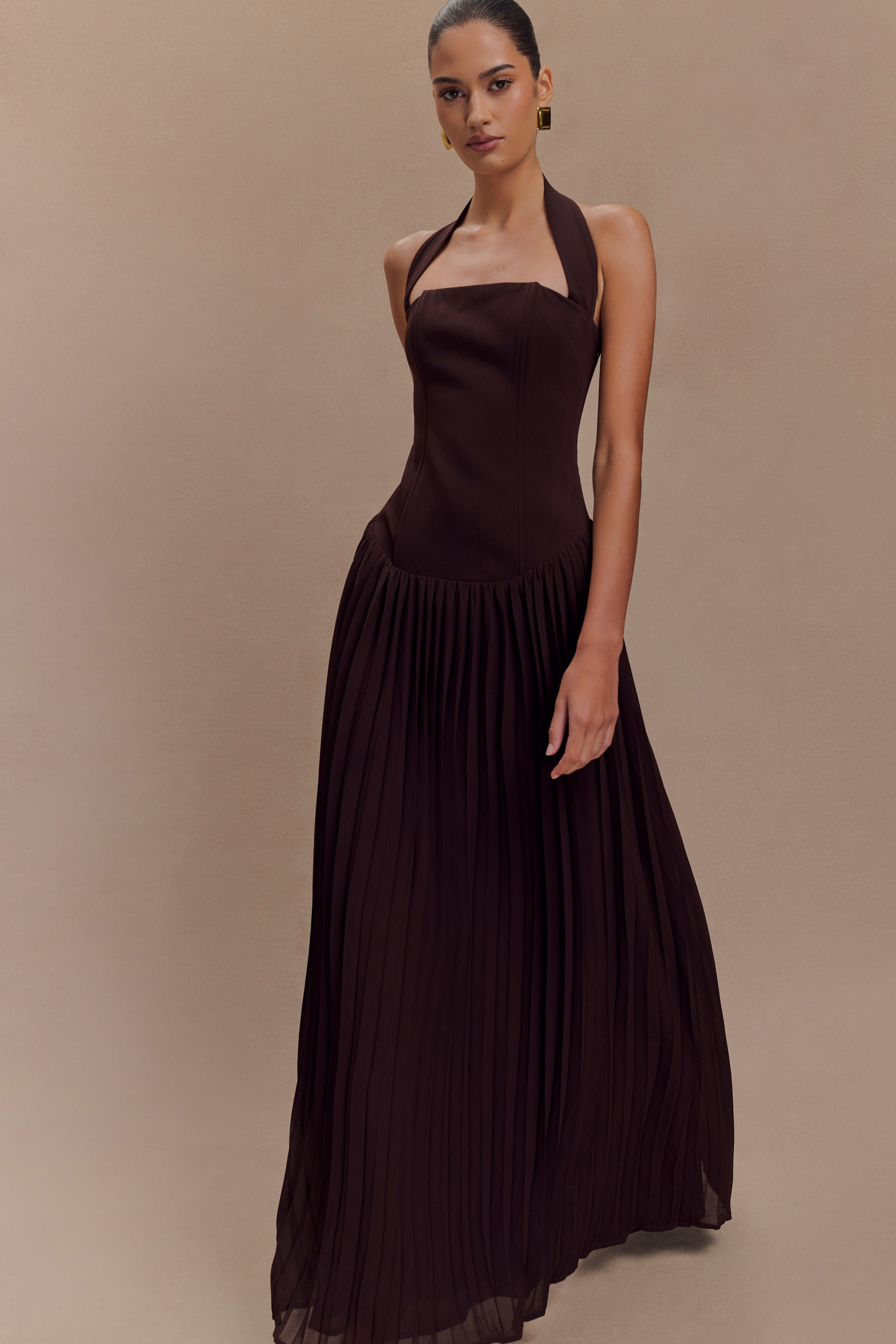 Stacie Pleated Halter Maxi Dress - Cacao、mySite、solidvoid