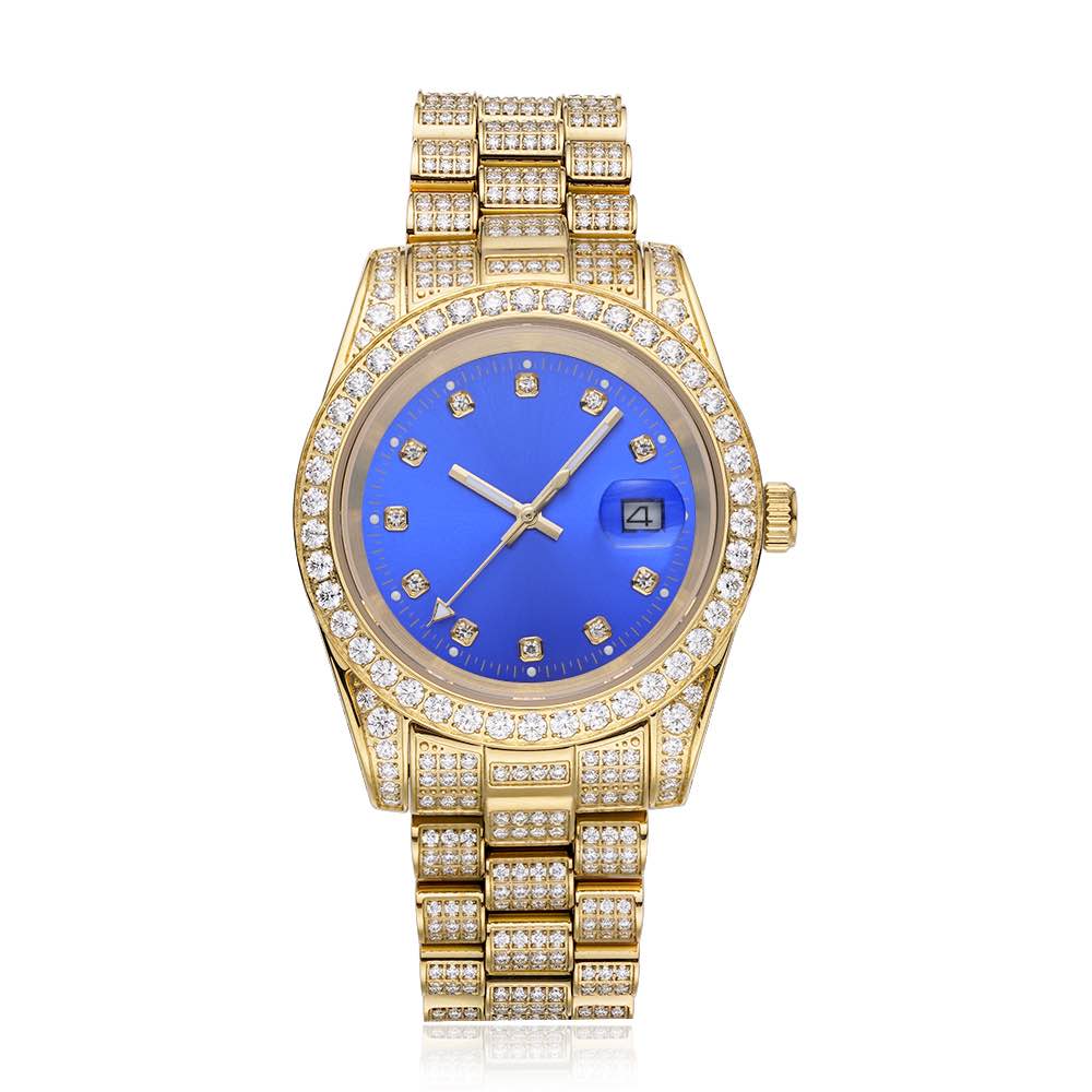 Moissanite Presidential Watch | Blue Face | 41MM | 13.3CT Iced Out | 14K Yellow Gold、mySite、hinf8tx79