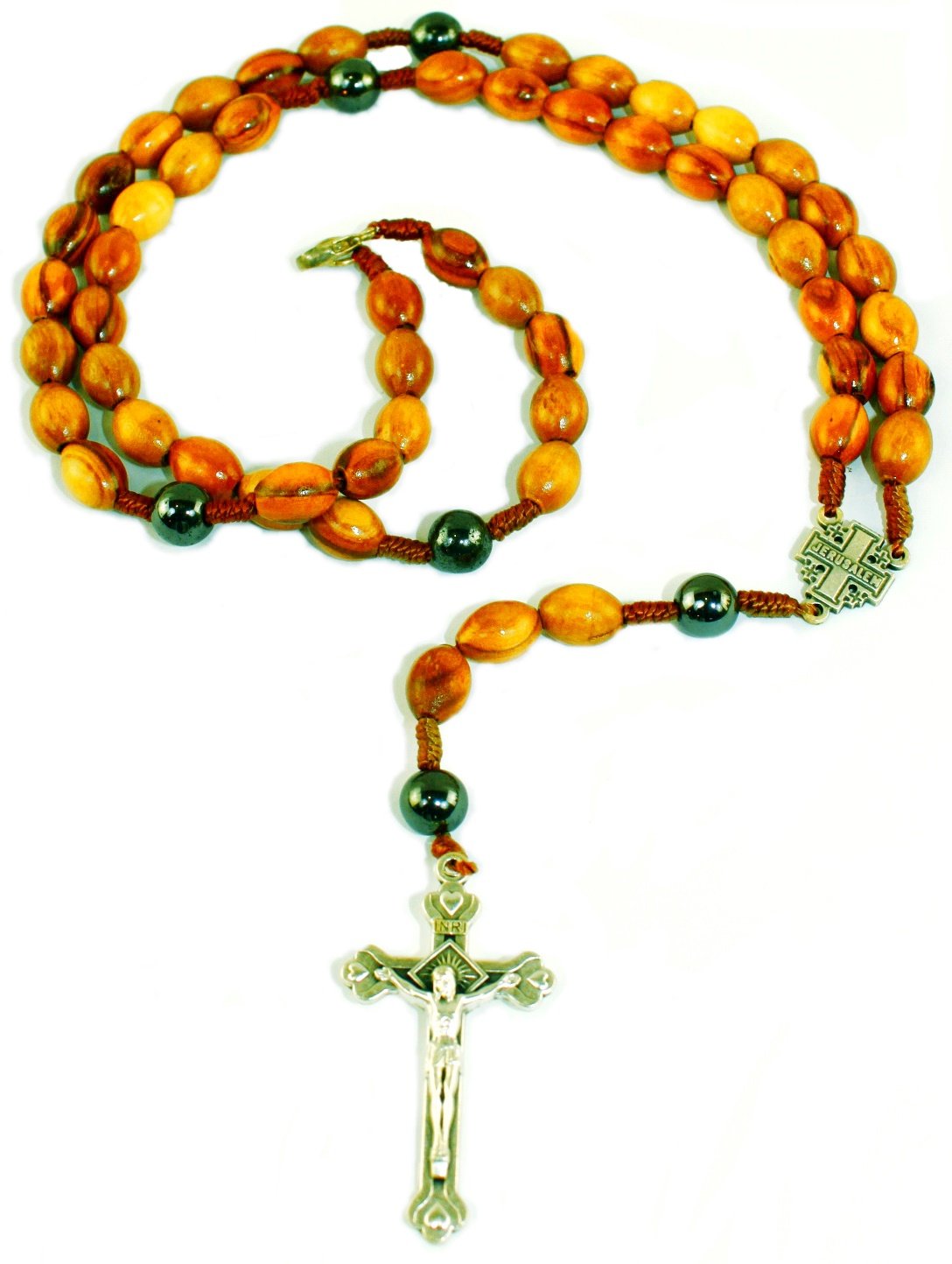 Rosary with Jerusalem Cross center and Hematite beads necklace - comes in velvet bag、mySite、topwebapps