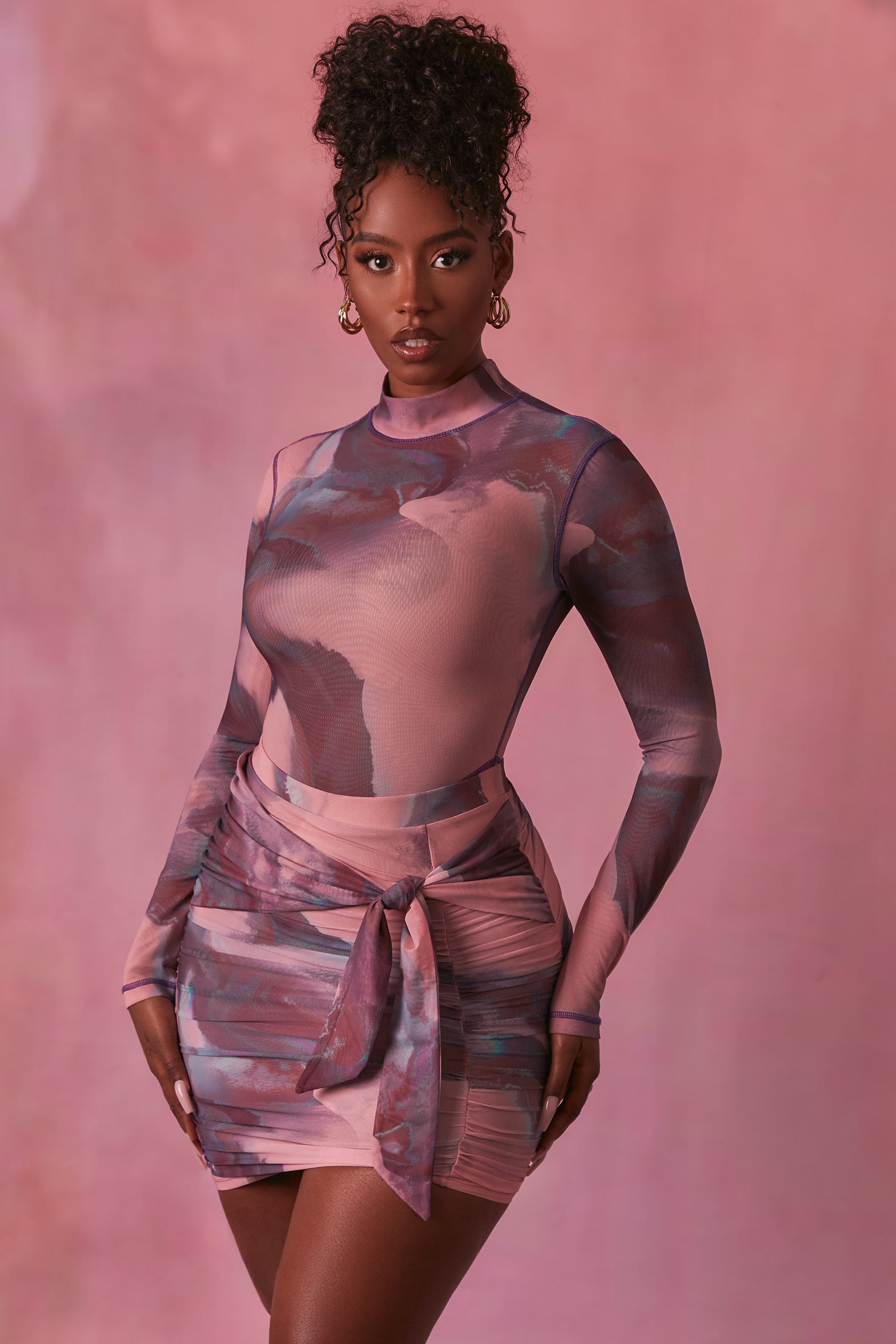 High Neck Long Sleeve Mesh Bodysuit in Blush、mySite、solidvoid