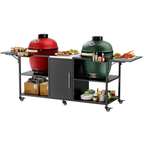 Outdoor Grill Table for Big Green Egg Style BBQ, Metal Grill Cart with 2 Folding Panels, Compatible with up to Large Green Egg, Kamado Joe Jr、、eastwooduniform
