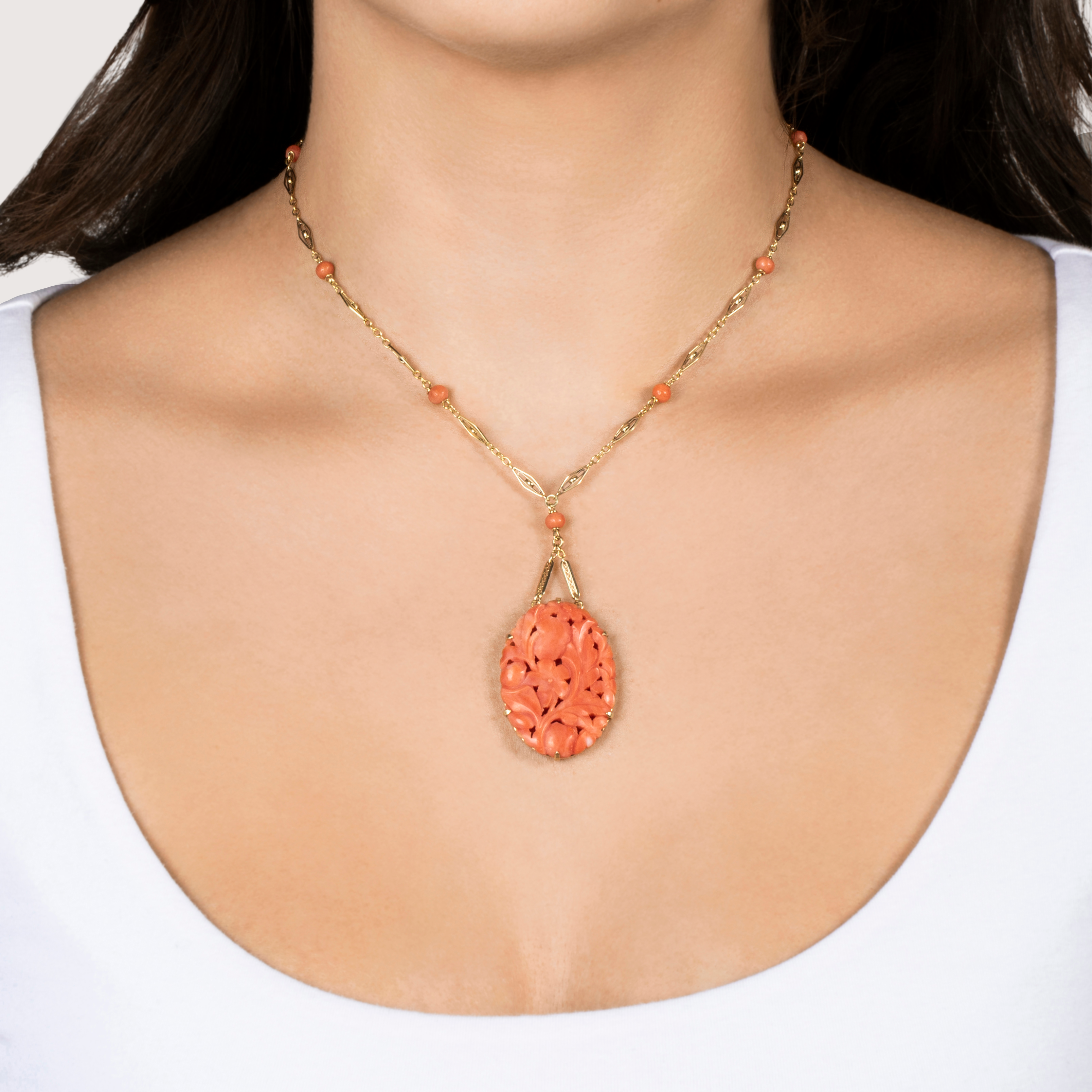 Antique Art Deco 14k Yellow Gold Coral Carved Floral Filigree Chain Necklace 16、mySite、hinf8tx79