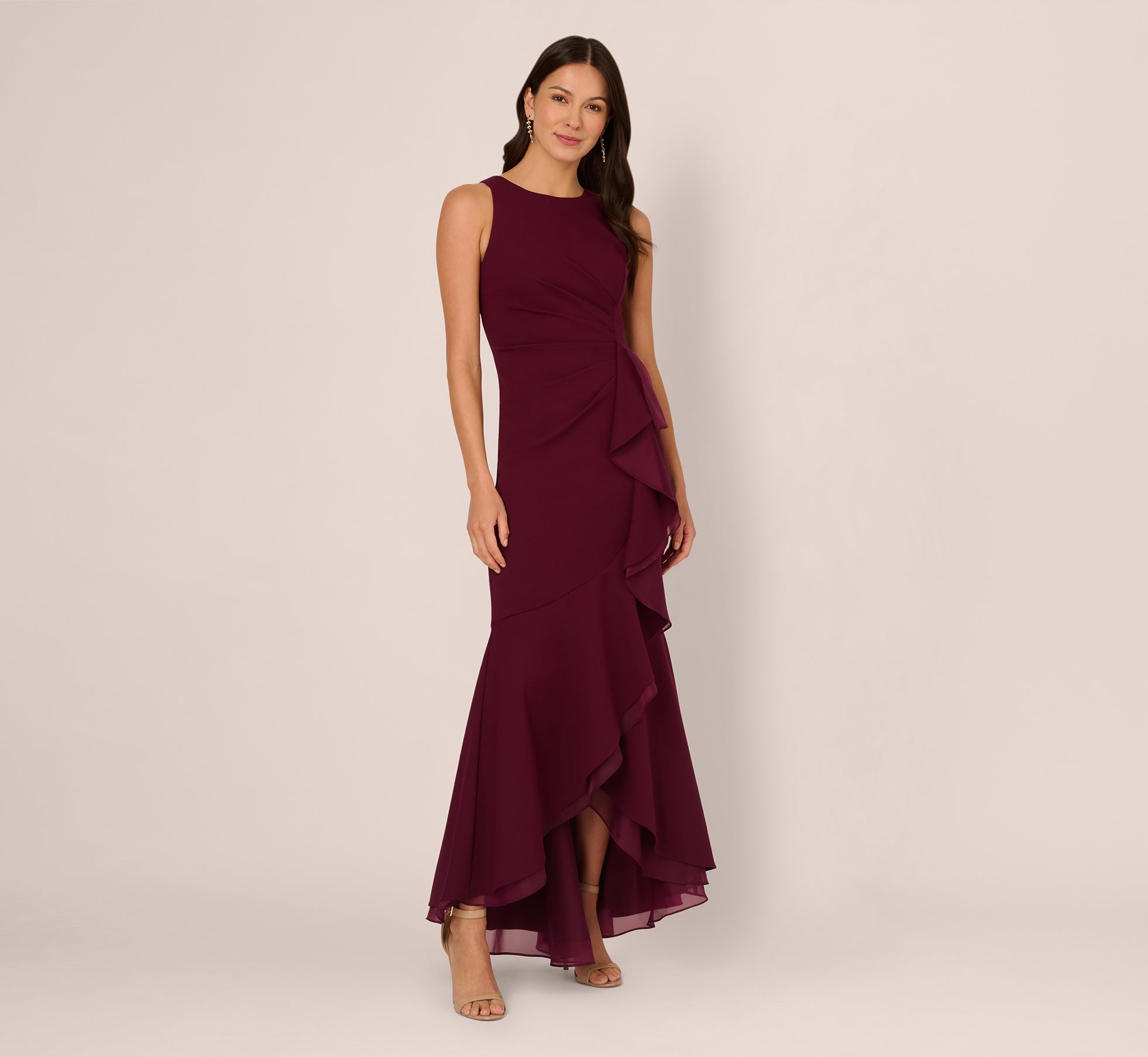 High Low Crepe Halter Gown With Organza Draping In Cabernet、mySite、solidvoid