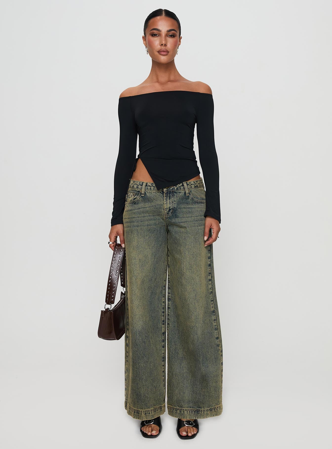 Endellion Off Shoulder Long Sleeve Top Black、mySite、solidvoid