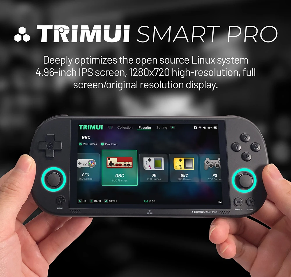 TRIMUI Smart Pro Handheld Game Console, 4.96-inch IPS Screen, Linux OS, 1GB RAM 8GB Storage 64GB TF Card, 5 Hours Playtime - Black