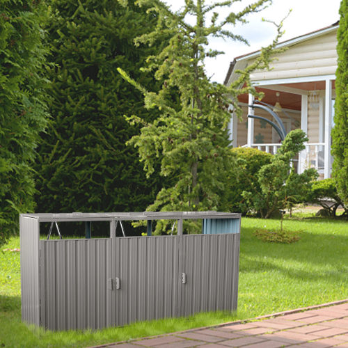 Garbage Bin Shed Stores 3 Trash Cans Metal Outdoor Bin Shed for Garbage Storage,Stainless Galvanized Steel, Bin Shed for Garden Yard Lawn,Grey、、eastwooduniform