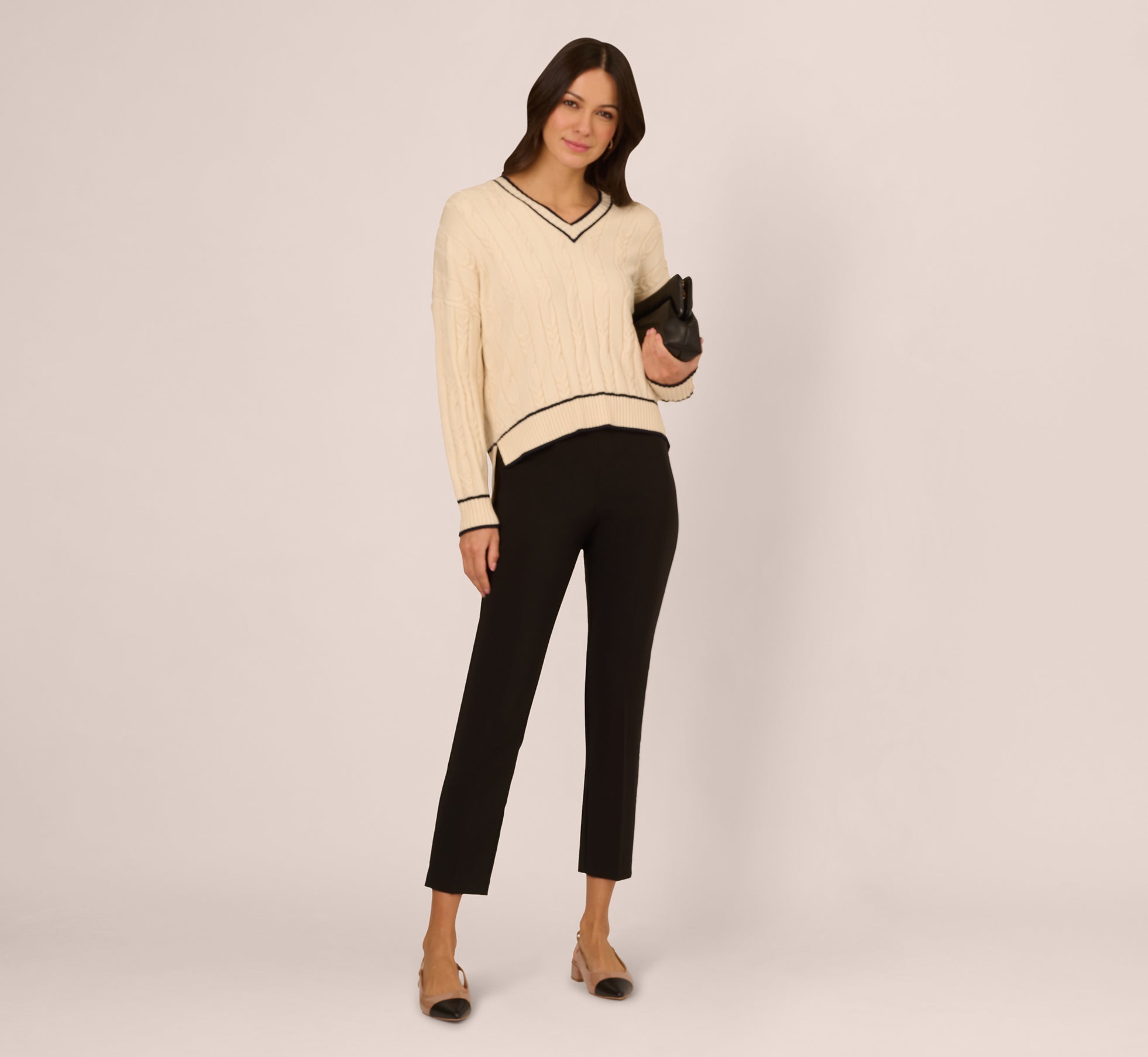 V Neck High Low Cable Knit Sweater In Cream Blue Moon、mySite、solidvoid