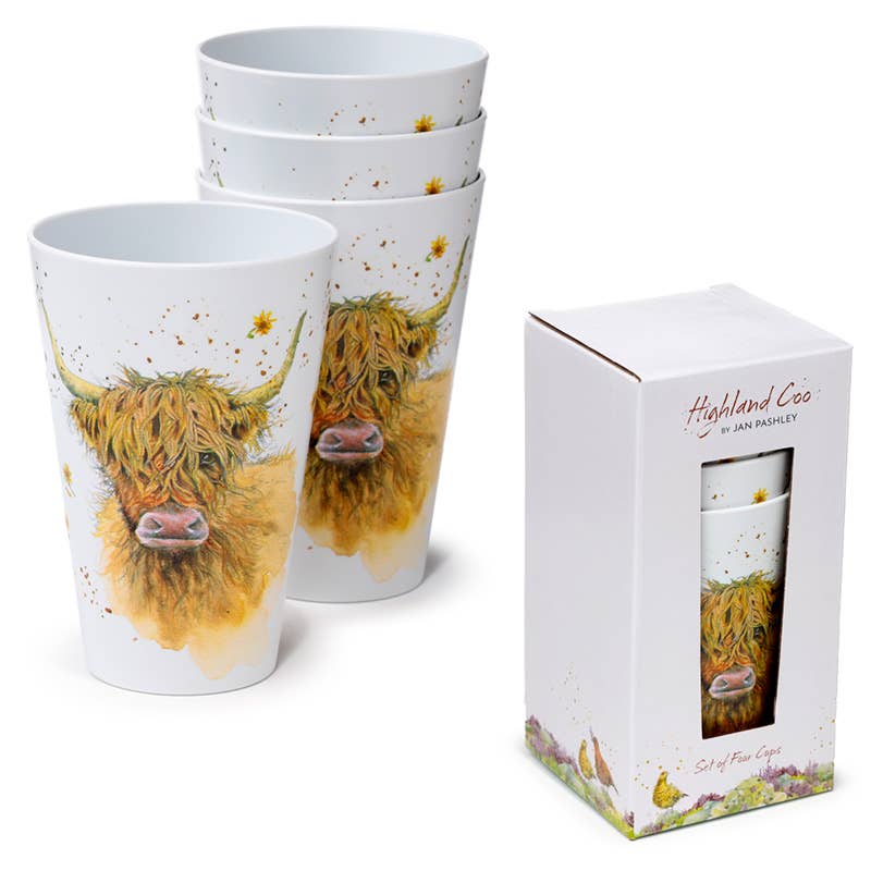 Highland Coo Cow Set of 4 Recycled RPET Picnic Cups、mySite、g9winljtr