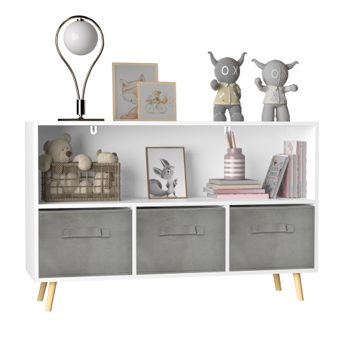 Kids bookcase with Collapsible Fabric Drawers, Children's Book Display, Toy Storage Cabinet Organizer, White/Gray、、casual