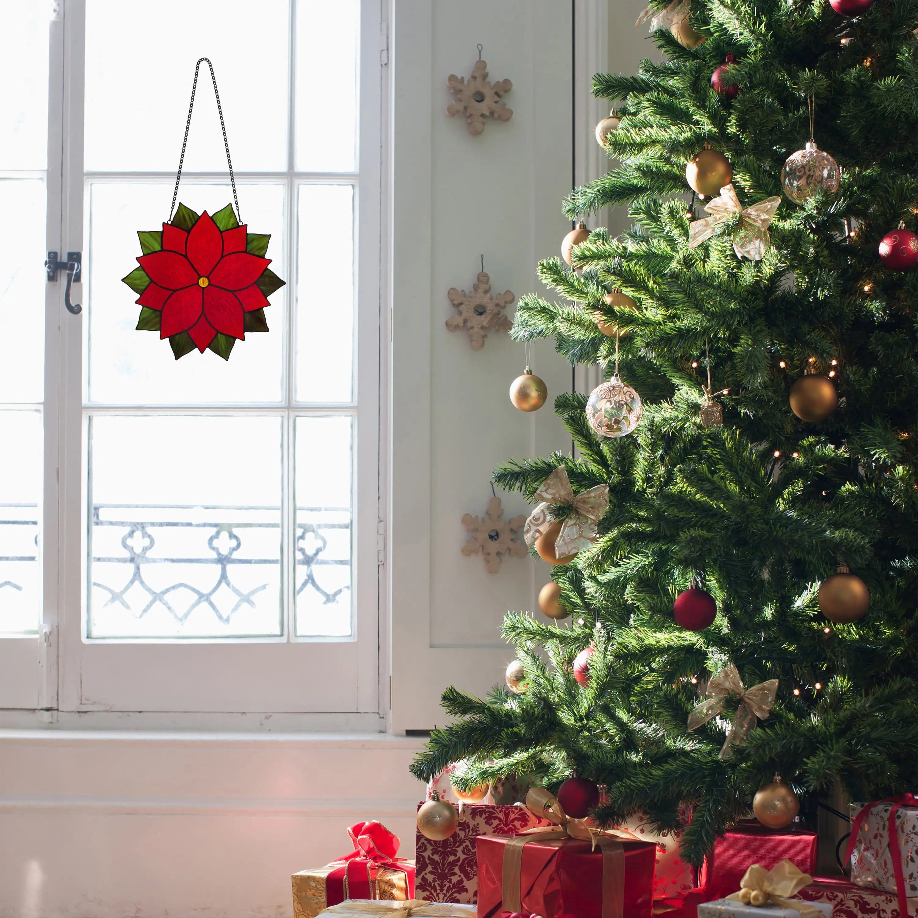 Pointsettia Stained Glass Holiday Decoration Beautiful Red Flower、mySite、g9winljtr