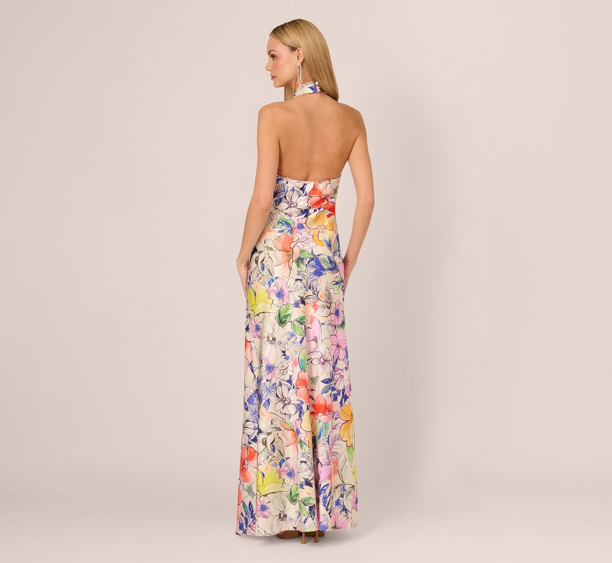 Bias Cut Floral Satin Halter Gown In Ivory Multi、mySite、solidvoid
