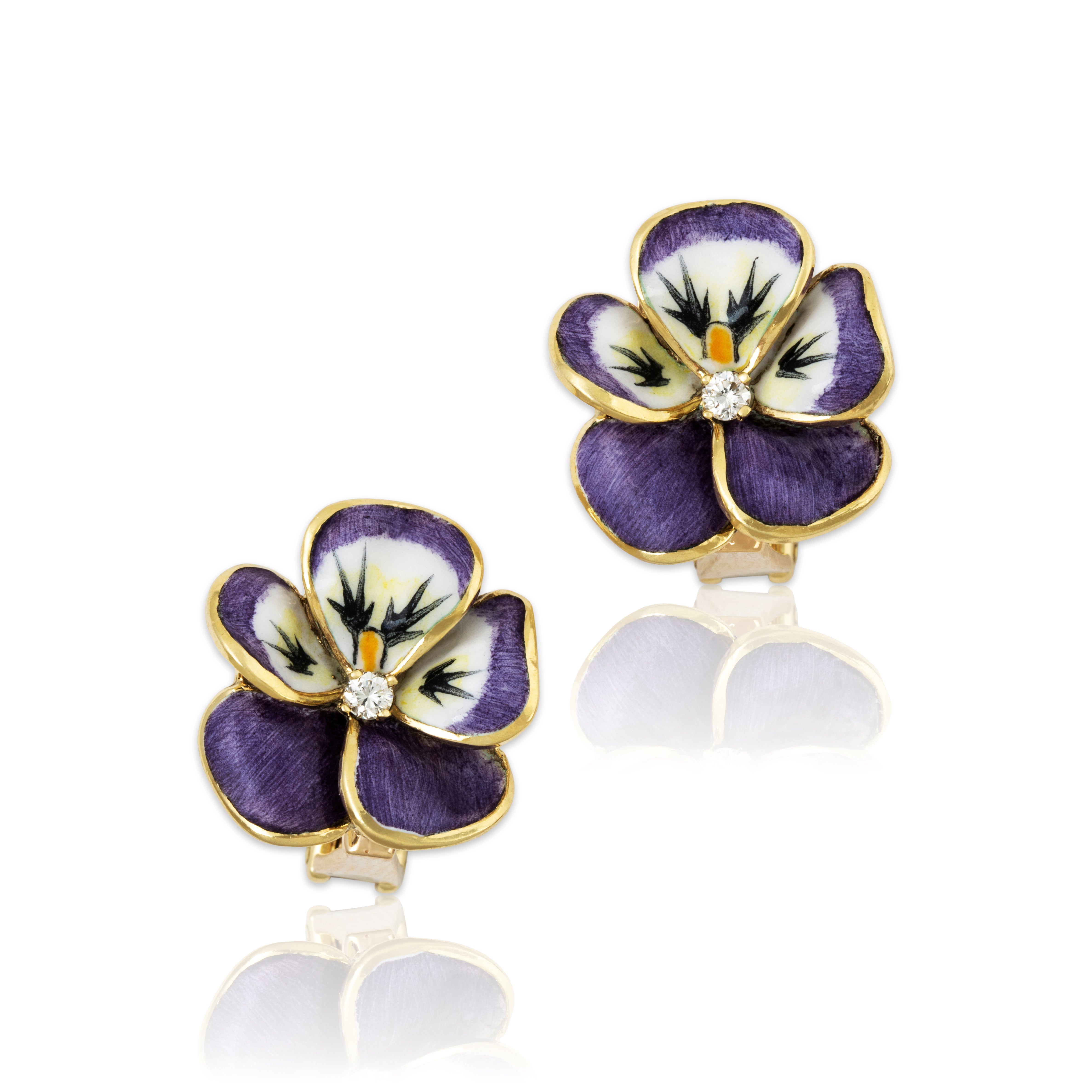 Vintage Jose Hess 14k Yellow Gold Diamond Enamel Purple Pansy Earrings、mySite、hinf8tx79
