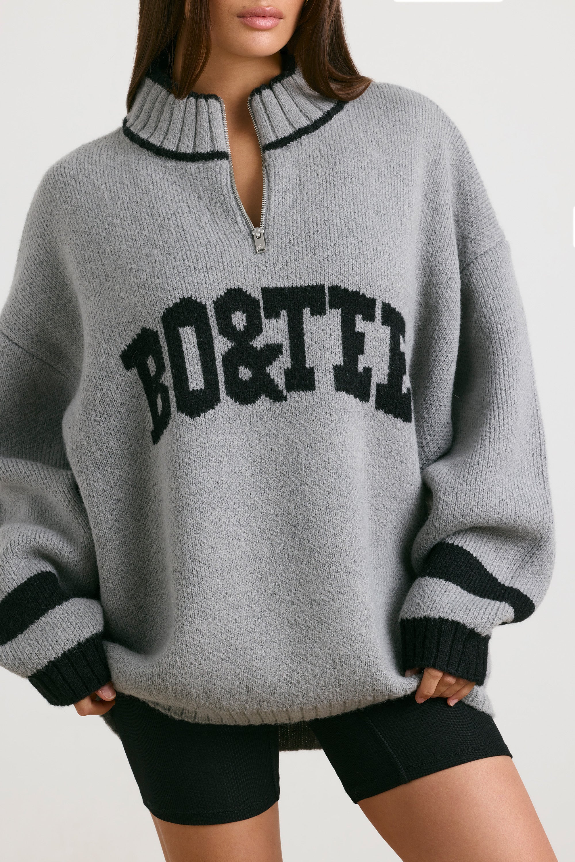 Oversized Quarter-Zip Chunky-Knit Jumper in Heather Grey、mySite、solidvoid