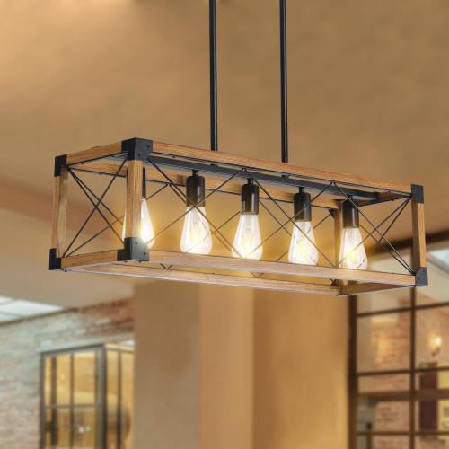 (Same as W1340P155968/L1011-RW) 32" Red Wood Industrial Farmhouse Rectangle Pendant Light, 5-Light Chandelier for Dining Room, Kitchen Island, Cafe Decor (No Bulbs)、、eastwooduniform