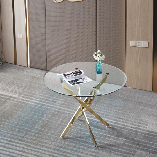 Contemporary Round Clear Dining Tempered Glass Table with Gold Finish Stainless Steel Legs、、casual