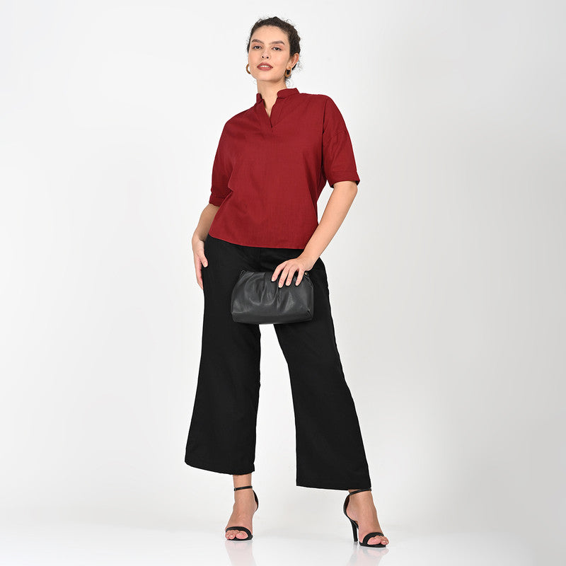 Cotton Solid Co Ord Set For Women | V Neck | Top & Trouser | Maroon & Black、mySite、camillekostekn