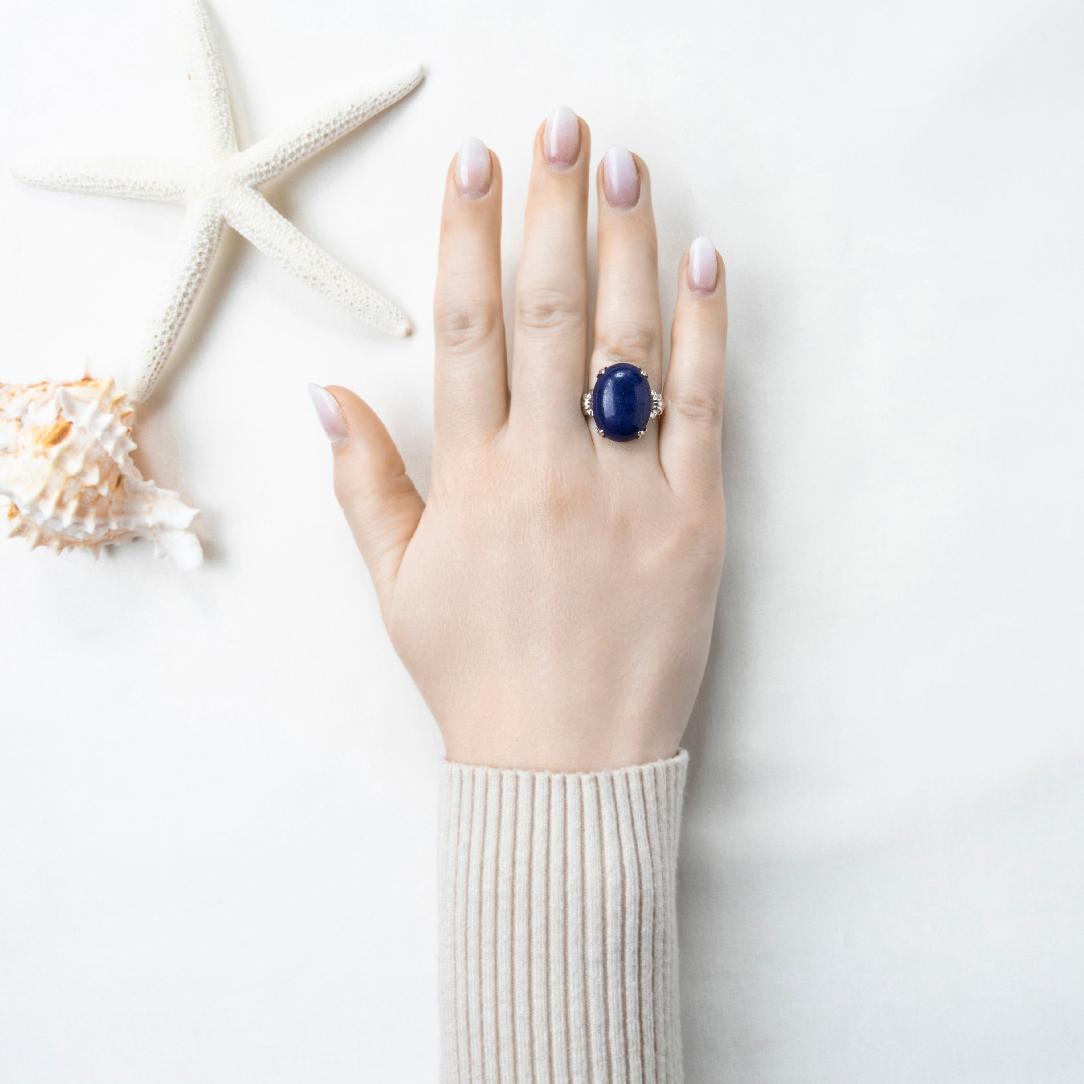 Vintage Large 14k White Gold 12.8ct Lapis Lazuli Cabochon Ring 8.50、mySite、hinf8tx79