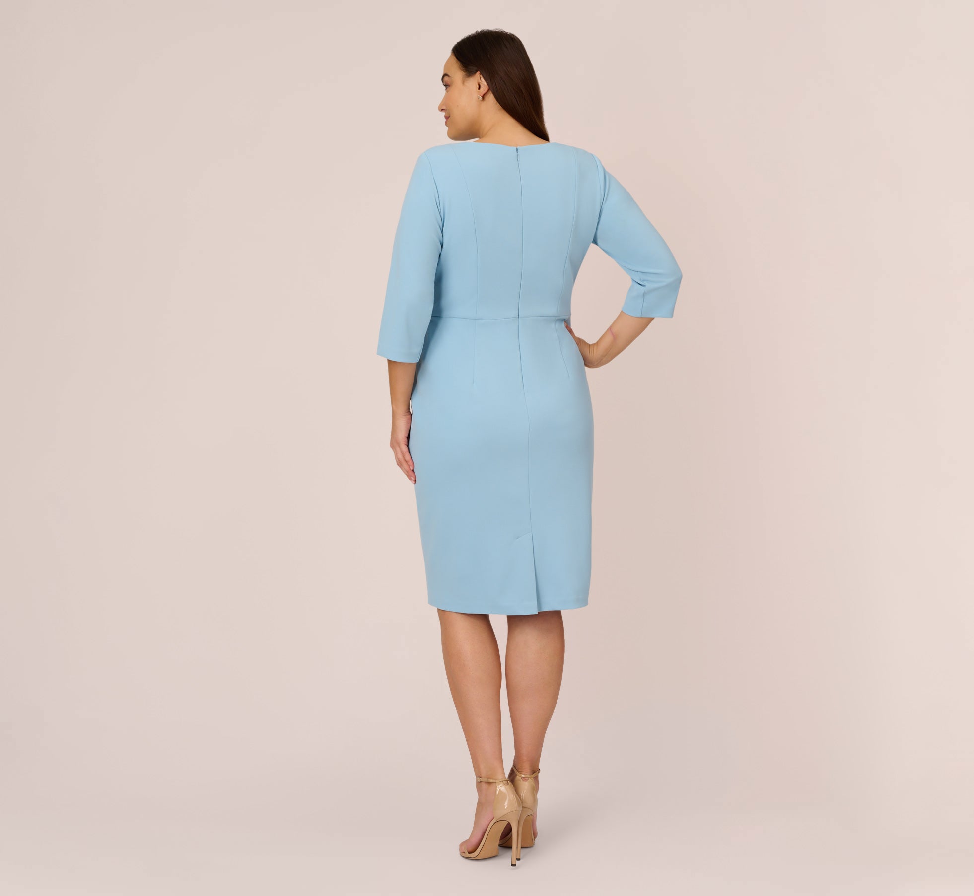 Plus Size Knit Crepe Bow Sheath Dress With Three Quarter Sleeves In Blue Mist、mySite、solidvoid