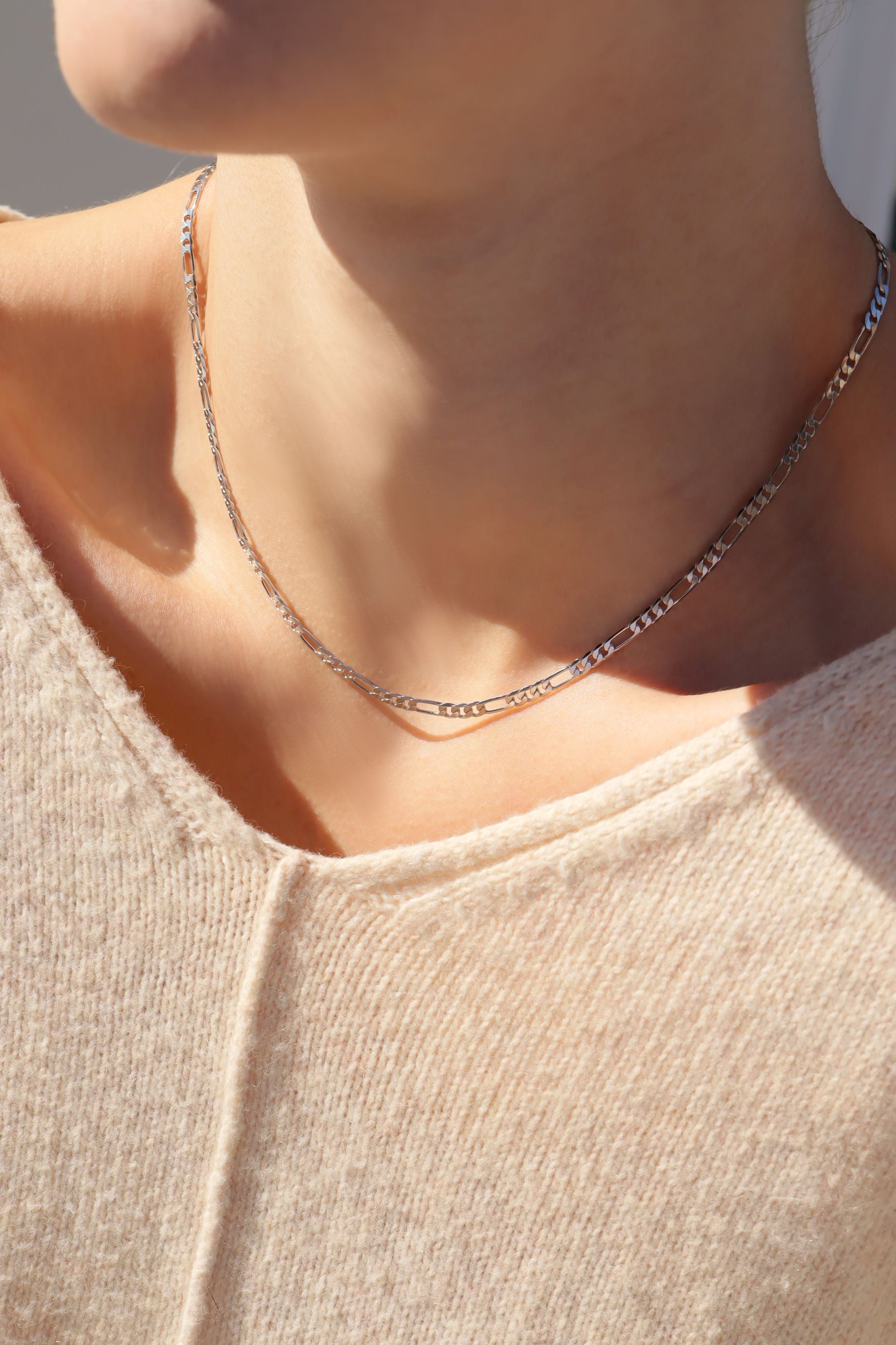 Sterling Silver Platinum Plated Diamond Cut Figaro Chain / SSC0001、mySite、dreamappss