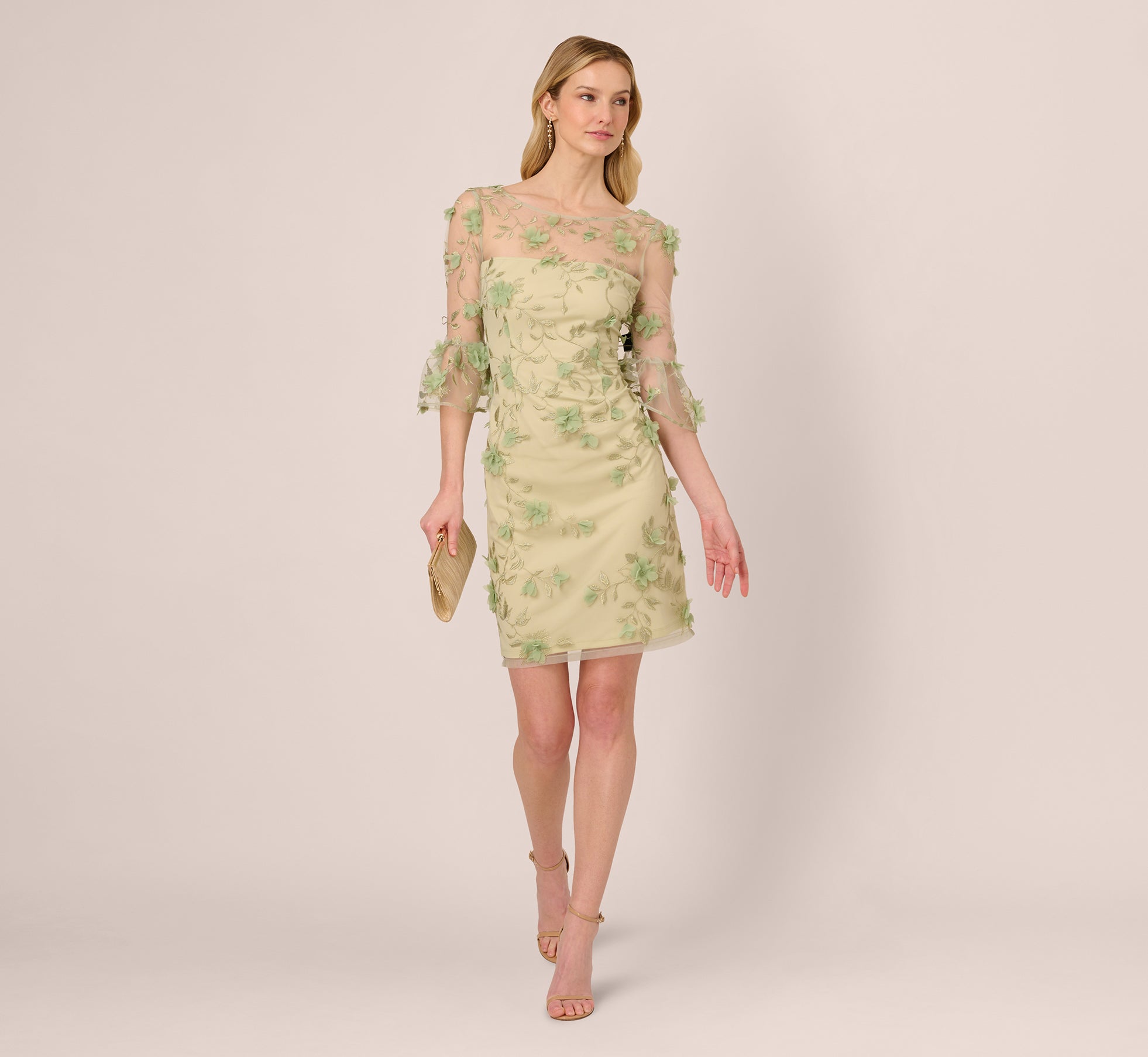 Bell Sleeve Floral Embroidered Illusion Sheath Dress In Sage Multi、mySite、solidvoid